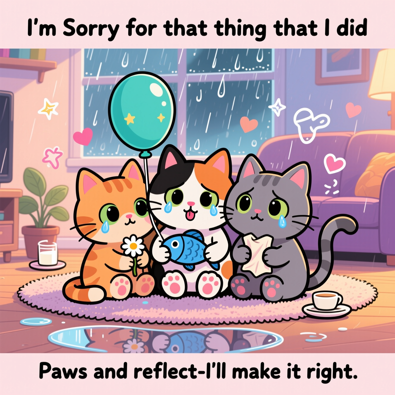 At the top of the Cartoon Style image, "I'm Sorry for that thing that I did"

At the bottom of the image, "Paws and reflect—I'll make it right."

Center scene: A trio of sad, ultra-cute cartoon cats with oversized heads and teeny paws sit huddled together on a cozy rug. The middle cat (calico) slumps with a wobbling lip, clutching a blue fish-shaped balloon; a ginger cat offers a tiny daisy; a gray cat holds a soft tissue with both paws. Their tails droop into loose heart curves, whiskers sag, and their big, glassy eyes glimmer with starry tear highlights.

Setting and mood: Warm, softly lit living room with a rainy window in the background; fat raindrops streak down the glass. A toppled plant and a gently spilled saucer of milk form a shiny heart-shaped puddle that reflects the cats, hinting at “reflect.” A few sparkly doodle stars, motion squiggles, and floating hearts add whimsy without clutter.

Style notes: Playful cartoon look with thick black outlines, bold saturated pastel palette (teals, blush pinks, lavender, warm honey glow), and cel-shaded highlights. Exaggerated, expressive poses—slumped shoulders, curled toes, and trembly whiskers—keep it cute and sympathetic. Keep generous negative space above and below for the text; ensure the headline and punch-line are crisp and legible.
Generated with these themes: Sad cats, and .
Made with ❤️ by AI.