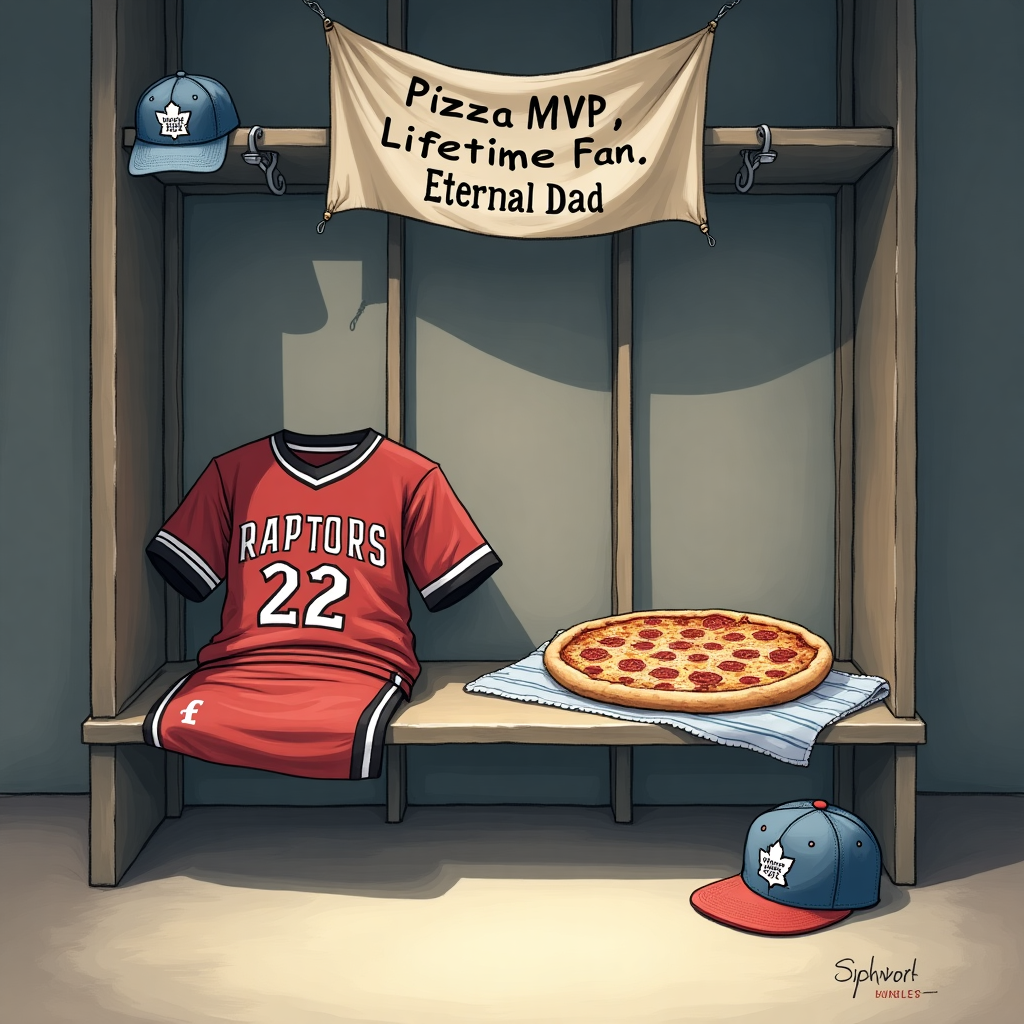 **Prompt for Illustration Image:**

At the top of the illustration image: *"Happy Birthday, Dad — You've Reached Hall-of-Fame Status (Pizza Division)"*

A solemn, softly-lit illustration featuring a nearly empty locker room styled as a hybrid shrine to Toronto sports. On one bench, a folded, classic Raptors jersey lies beneath a gently creased Maple Leafs polo shirt, and a weathered Blue Jays cap hangs from a lonely peg above. Beside them, a perfectly intact, slightly steaming pizza rests on a sports towel — one perfect slice missing. Shadows stretch long across the room, echoing the quiet reverence. A banner hangs above reading “Pizza MVP, Lifetime Fan, Eternal Dad.” The mood is contemplative, with subdued colors and delicate shading to evoke a sense of tribute and quiet celebration.
Generated with these themes: Pizza, Polo Shirts, Toronto Raptors, Toronto Maple Leafs, and Toronto Blue Jays.
Made with ❤️ by AI.