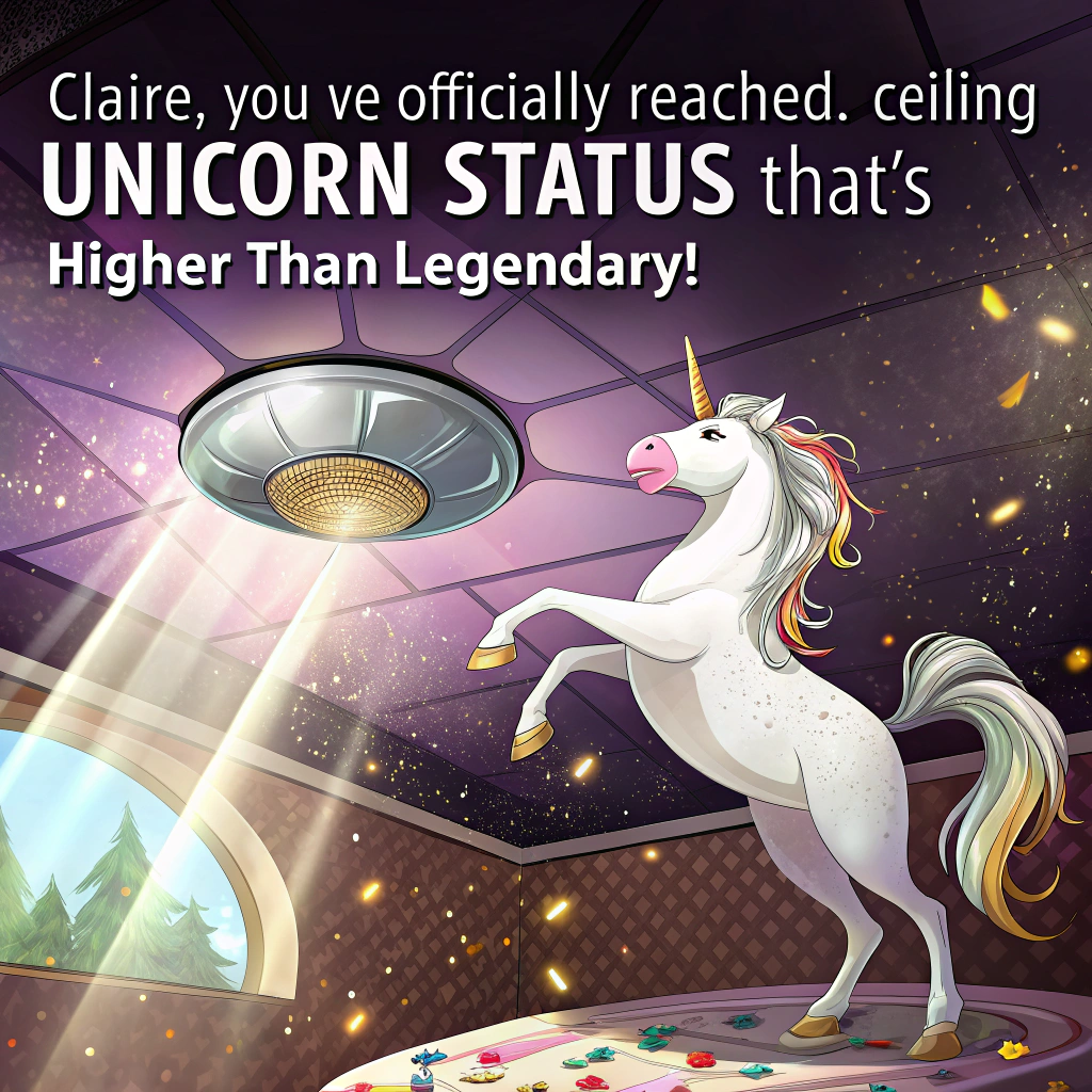 Unicorn dancing on a ceiling with golden confetti Congratulations Card