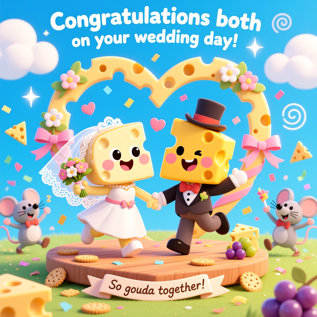 At the top of the Cartoon Style image, "Congratulations both on your wedding day!"

A cute, playful Cartoon Style wedding scene with bright saturated colors, thick bold outlines, and whimsical energy. Center stage: two anthropomorphic cheese characters as a happy couple—one a creamy brie wedge bride with a lacy veil and tiny bouquet, the other a sunny cheddar wedge groom with a dapper bow tie and mini top hat. Exaggerated proportions (big expressive eyes, rosy cheeks, wide smiles, tiny feet), holding hands in an energetic, joyful pose beneath a heart-shaped arch made of Swiss-cheese holes intertwined with pastel flowers and ribbons. Confetti of tiny hearts and little cheese triangles floats around them. They stand on a wooden cheeseboard dais shaped like a heart, sprinkled with cute crackers and a few grapes. In the background, a bright blue sky with puffy cartoon clouds, sparkles, and swirls for motion; a couple of adorable mouse guests in bow ties toss confetti and cheer. Portrait composition with lots of airy space; flat shading with glossy highlights; ultra-cute mood.

At the bottom of the Cartoon Style image, small hand-lettered caption on a ribbon: "So gouda together!"
Generated with these themes: Cheese, love, happy couple, and .
Made with ❤️ by AI.