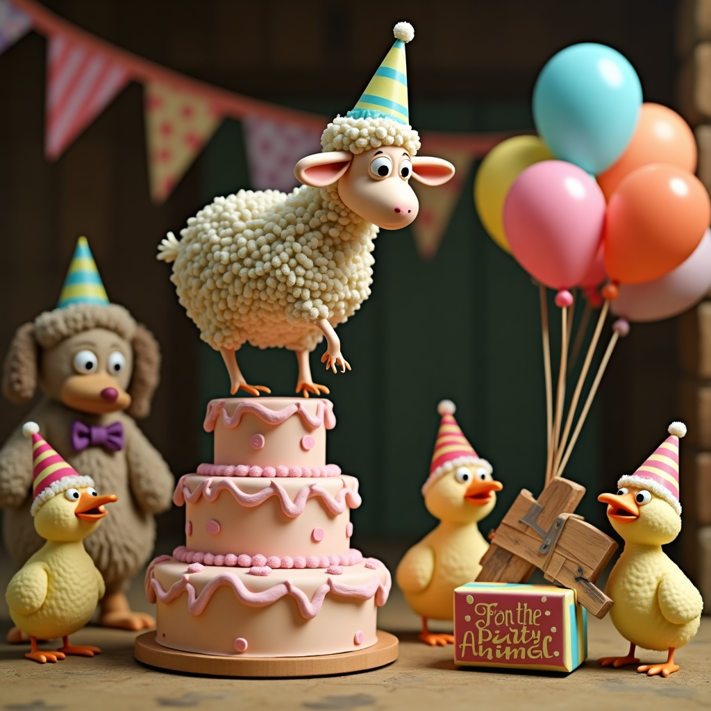**Prompt:**  
A claymation-style cartoon scene in the quirky, handcrafted spirit of Aardman animations. A slightly disheveled sheep wearing a wonky birthday party hat balances precariously on top of a triple-layer birthday cake, looking surprised and slightly panicked as a group of mischievous chickens (also in party hats) launch balloons at it using a homemade slingshot fashioned from farm tools. In the background, a bewildered dog in a bow tie is holding a present labeled “To the Party Animal,” while bunting droops lazily across a crooked barn wall. The color palette is bright and cheerful, with a touch of rustic British countryside charm, exaggerated facial expressions, and plenty of quirky textures to match the iconic Aardman feel.
Generated with these themes: Aardman.
Made with ❤️ by AI.