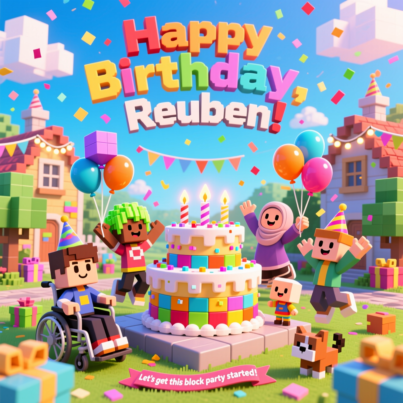 Playful, cute cartoon style with exaggerated proportions, thick outlines, bright saturated colors, and whimsical, energetic poses. In a bright, party-themed Roblox village, a diverse group of Roblox avatars (varied skin tones and styles, including one avatar using a wheelchair, one with neon hair, one in a hijab, one tiny and chibi-tall, all with chunky, blocky forms) are gathered around a giant, pixelated tiered birthday cake on a square pedestal. The cake looks built from colorful cubes with frosted “pixels,” sparkling sprinkles, and glowing blocky candles. The avatars are jumping, waving, tossing confetti, and holding balloon bunches (some balloons are cube-shaped). Voxel houses with bunting, string lights, gift boxes, and cubic trees decorate the village. Sunny, candy-colored sky with fluffy block clouds; confetti showers everywhere; playful party hats and tiny blocky pets peeking in. Soft shading, glossy toy-like highlights, thick inked outlines, upbeat, high-energy composition, portrait orientation.

Large headline text (prominent, playful 3D blocky font, bright colors with a bold outline, arcing over the scene):
“Happy Birthday, Reuben!”

Small caption (single cheeky line on a tiny ribbon banner near the bottom):
“Let’s get this block party started!”
Generated with these themes: A group of diverse Roblox avatars are gathered around a large, pixelated birthday cake in a bright, party-themed Roblox village. The text 'Happy Birthday, Reuben!' is featured prominently in a playful, blocky font. Include confetti and balloons"., and .
Made with ❤️ by AI.