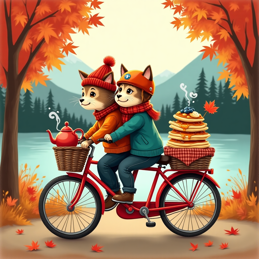 Hand-drawn illustration with fine linework and textured brush strokes: A cute autumn-in-Canada scene of a fluffy tabby cat and a happy dog riding a bright red tandem bicycle along a maple-lined lakeside path. Warm golden-hour light; a swirl of red and amber maple leaves frames them. The dog (front) wears a red knit toque and buffalo-plaid scarf, tongue out; the cat (back) wears a teal cardigan and a tiny helmet with a maple leaf decal. In the front wicker basket (lined with gingham): a stout teapot puffing heart-shaped steam and a tall stack of pancakes dripping maple syrup and butter, dotted with blueberries, with a tiny maple-leaf pennant. On the rear rack: a rolled plaid picnic blanket and two enamel mugs. Background: calm teal-blue lake, dark evergreen forest, distant soft snow-capped mountains, a cozy warm sky. Expressions are big-eyed, rosy-cheeked, and playful. Balanced composition with gentle diagonal motion; full, image-first scene; subtle paper grain. Warm, expressive color palette: maple reds, syrup ambers, butter yellows, cozy creams, muted teals, deep greens.

Small handwritten caption on the image (single short line), in warm maple-red ink near the bottom right, lightly curved above the front wheel:
“Thanks a stack — you’re wheelie tea-riffic, eh!”
Generated with these themes: Cats, Dogs , Cycling , Tea, Pancakes , Canada , and .
Made with ❤️ by AI.