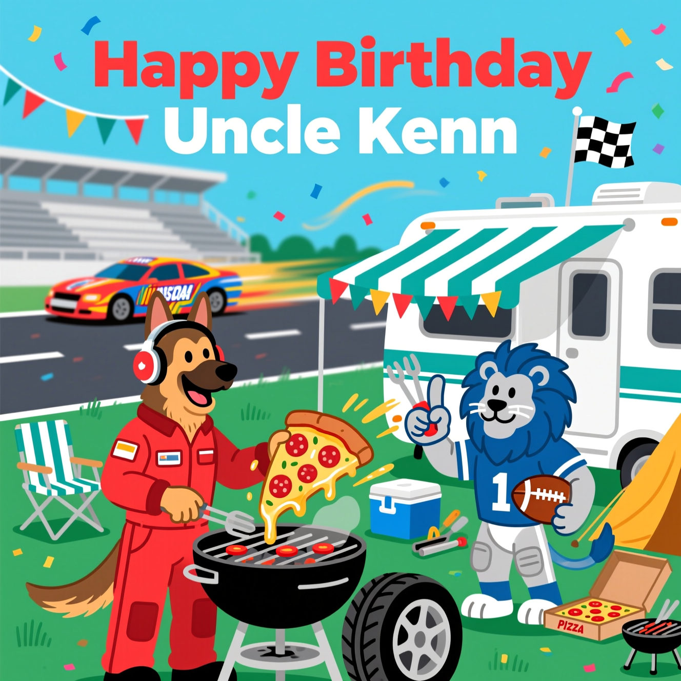 German shepherd, pizza, rv camping, Nascar racing, Detroit lion football, grilling, and Birthday Card