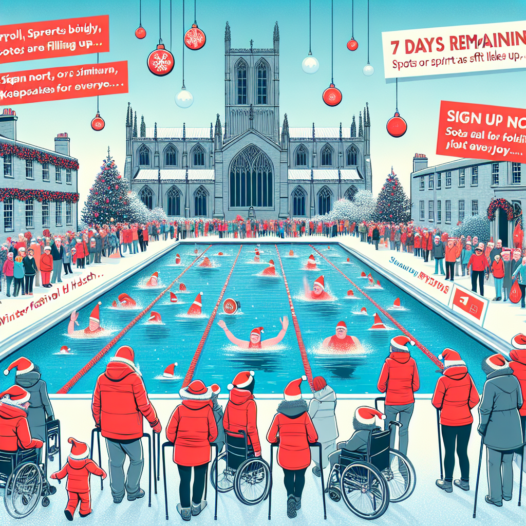 An engaging vector storyboard presents a fun-filled 'LICHFIELD Festive Hat Dash' by Lichfield Stowe Pool, with participants of all abilities, indicated by disability symbols, wearing Santa hats. The image radiates a festive spirit with the inclusion of Lichfield Cathedral, along with the spirited phrases '7 days to go', 'HURRY PLACES SELLING FAST', and 'Register now, Medals for all'. The caption 'Walk or run. Just have fun...' serves as an inclusive, cheerful invitation, emphasizing community support for the food bank through acts of kindness.
Generated with these themes: Santa hat running, LICHFIELD Festive Hat Dash, Lichfield Stowe Pool, Lichfield Cathedral , Disabilty , Kindness , Foodbank, 7 days to go, HURRY PLACES SELLING FAST, Register now, and Medals for all.
Made with ❤️ by AI.