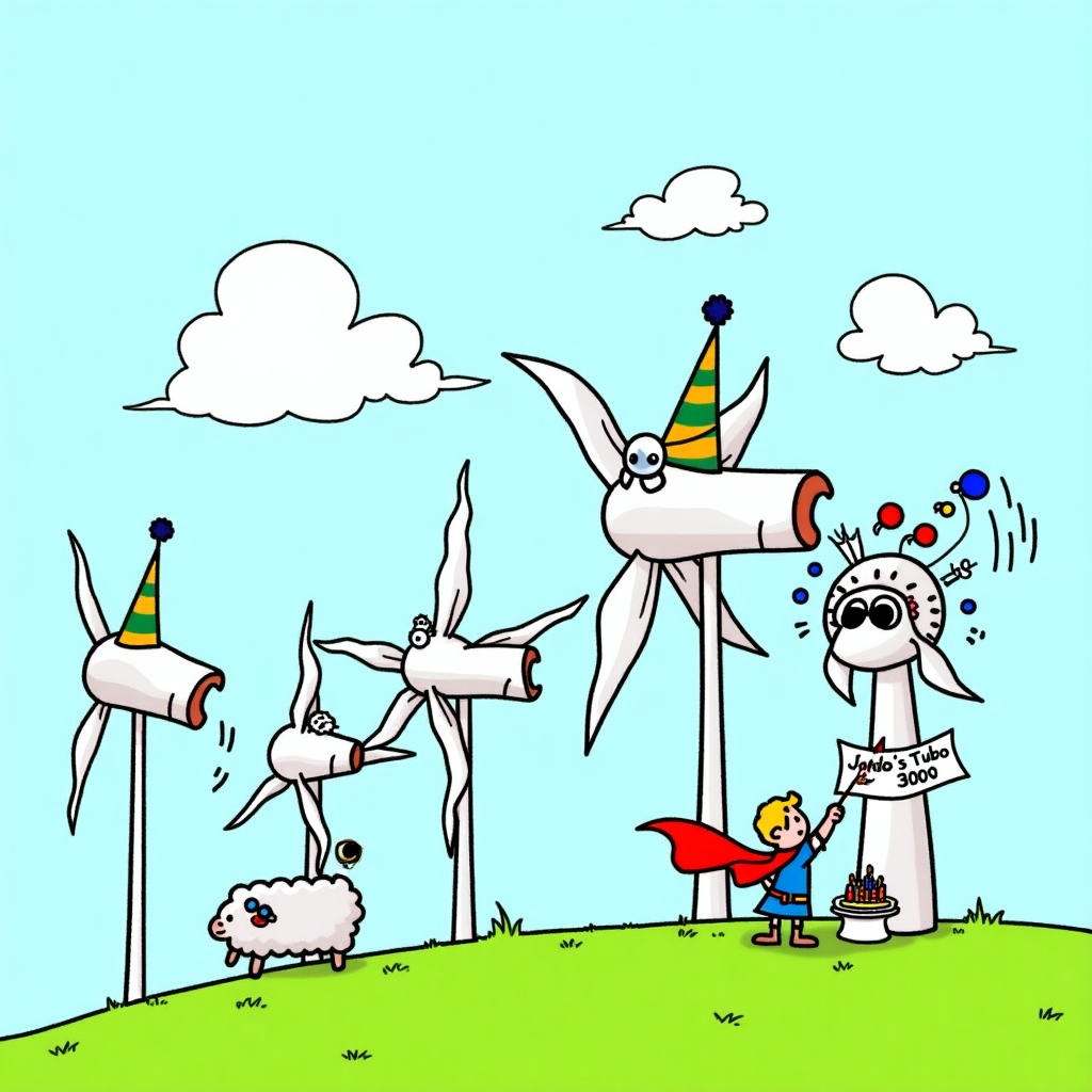 **Image Prompt:**  
At the top of the cartoon image: **"Grandson Jacob 9—You’re TURBINELY awesome on your Birthday!"**

Cartoon-style illustration of a grassy hill filled with enormous, goofy-faced wind turbines wearing birthday hats and party blowers. One wind turbine has eyes that spin with the blades, looking dizzy but excited. Balloons and streamers are caught hilariously in the spinning blades. A small cartoon boy (representing Grandson Jacob) in a superhero cape stands proudly next to a tiny personal wind turbine labeled “Jacob’s Turbo 3000,” which is spinning wildly from his super breath as he blows out birthday candles on a cake sitting at its base. A nearby sheep with sunglasses is blown sideways by the wind, holding a party invitation. Sky is blue with a couple of clouds shaped like “9”s drifting past. Mood is silly, breezy, and celebratory.
Generated with these themes: Wind turbines .
Made with ❤️ by AI.