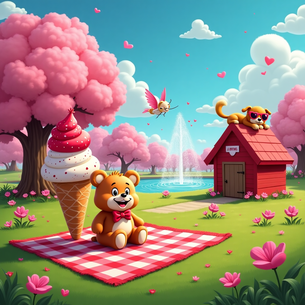 The scene is set in a vibrant park, filled with cartoonish exaggeration and colorful charm. Picture a sprawling green lawn that stretches into the horizon, speckled with oversized, heart-shaped flowers in hues of pink and red, their petals curving whimsically like a kaleidoscope of love.

In the foreground, a giant red-and-white checkered picnic blanket is laid out, the squares big enough to rival chessboard tiles. Sitting on the blanket is a large, round character reminiscent of a classic cartoon style, with big googly eyes and a goofy grin that stretches ear to ear. This character is a love-struck teddy bear, wearing an outlandishly large red bow tie that almost swallows its fluffy neck. 

Beside the bear, a towering, cartoon-style ice cream cone stands triumphantly, with scoops of strawberry and vanilla piled high like a wobbly, sugary skyscraper. The ice cream drips down in dramatic dollops, forming small heart shapes as it puddles.

Behind the picnic, a giant pink tree blossoms with candy-like heart-shaped leaves, each one distinct and detailed like a stained glass window. Little cartoon cupids, with exaggeratedly large wings and tiny cherubic faces, flutter around the tree, each holding a classic bow and arrow poised to playfully aim at random.

To the right, a classic Peanuts-style doghouse, but in vibrant red, has a large “Be Mine” sign nailed to the roof. Snoozing atop is an exaggeratedly large, floppy-eared puppy with a heart-shaped nose, wearing a pair of comically oversized heart-shaped sunglasses, the lenses glowing a bright fuchsia.

The sky is a bright, cerulean blue, dotted with fluffy white clouds, but upon closer inspection, the clouds are shaped like intertwined hearts, floating lazily across the horizon. 

On the far left, a whimsical fountain gurgles cheerfully, spewing heart-shaped water jets high into the air, each droplet catching the sunlight like tiny, twinkling stars.

The entire scene is bustling with playful energy, encapsulating the lighthearted, cartoonish style of the artists mentioned while being vividly colorful and full of exaggerated features to bring a unique and joyful twist to Valentine’s Day.
Generated with these themes: Hhh.
Made with ❤️ by AI.