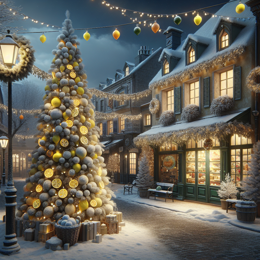 Imagine a quiet, classic town square on a snow-filled night, bathed under the warm glow of street lamps, creating a festive atmosphere. In the center of it all stands a tall and resplendent Christmas tree, its branches realistically portrayed and flocked with snow. Amidst the regular decorations of baubles and ribbons, whimsical glass lemons catch the light, adding a unique twist to the usual holiday scenery. Lemon-accented garlands beautifully drape across the shop fronts of the quaint, rustic buildings, while a lemon-themed wreath brings a special charm to the door of a nearby bakery. Faint wisps of citrus-infused bakery scents waft through the frosty air, a sweet reminder of the holiday treats being prepared inside.
Generated with these themes: Lemons.
Made with ❤️ by AI.
