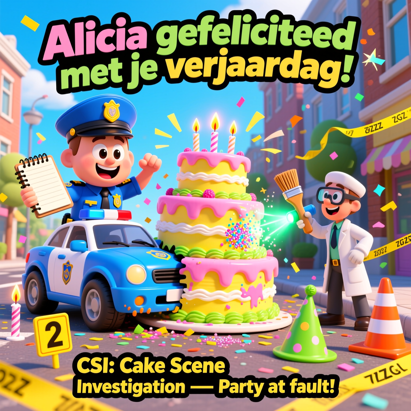 At the top of the Cartoon Style image, "Alicia gefeliciteerd met je verjaardag"

At the bottom of the image, "CSI: Cake Scene Investigation — Party at fault!"

- Center scene: A bright, sunny city corner where a toy-like blue-and-white police car has gently booped into a gigantic tiered birthday cake on wheels—zero injuries, just a goofy frosting smear on the bumper and a burst of confetti.
- A cheerful, big-headed police officer with an oversized cap and a comically large notepad poses heroically, while a bouncy forensic tech in a lab coat dusts the cake with a giant brush and a glowing UV flashlight, revealing sparkly “sprinkle prints.”
- Evidence markers shaped like numbered birthday candles dot the ground beside a toppled party hat; traffic cones wear tiny party hats; yellow party tape zigzags around the scene.
- Style: exaggerated proportions, thick black outlines, bright saturated colors (electric blue, bubblegum pink, lemon yellow, lime green), expressive faces, dynamic motion lines and star-shaped siren glares for a playful, energetic vibe.
- Text styling: top headline and bottom punch-line in bold, chunky, fun lettering with a subtle drop shadow so the words pop against the colorful chaos.
Generated with these themes: Police, Car accidents, Forensics, and .
Made with ❤️ by AI.