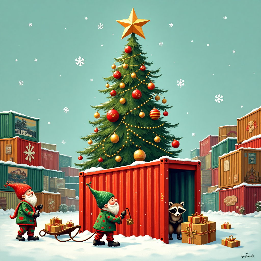 In the foreground of the card, a towering Christmas tree stands proud, but not of the traditional sort. This tree is ingeniously constructed from a stack of vibrantly colored shipping containers, each painted in festive reds, greens, and golds, their metal surfaces glistening with a dusting of faux snow. Atop the tree, a large golden star gleams, crafted from recycled storage unit keys. Surrounding this unconventional tree, the scene is set in a bustling self-storage yard, transformed into a whimsical winter wonderland. To the left, a pair of whimsical gnomes, dressed in patchwork coats reminiscent of Beatrix Potter's characters, busily adorn the container tree with oversized baubles and twinkling string lights, some of which are fashioned from old padlocks. In the background, we see stacks of smaller storage boxes, their exteriors painted with snowy landscapes and scenes of winter festivities, reminiscent of a Maxfield Parrish painting, adding depth and intrigue to the composition. A vintage sled, loaded with gift-wrapped packages tied with rustic twine, sits near the base of the tree, while a curious raccoon peers out from behind a partially opened storage unit, its eyes glinting mischievously. Snowflakes, each uniquely designed with intricate, Aubrey Beardsley-like patterns, drift gently down, adding a touch of delicate beauty to the industrious scene. This card, bursting with inventive details and a quirky twist on holiday tradition, captures the magic of Christmas in a place least expected, telling a story of creativity and festivity amidst the mundane.
Generated with these themes: Shipping containers christmas tree, and Self storage .
Made with ❤️ by AI.