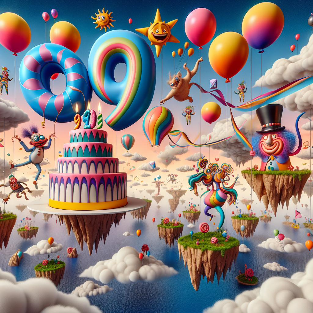 Imagine a whimsical landscape as the setting for a surreal, cartoon inspired, 90th birthday party. The setting is filled with floating islands floating amidst the sky. Enormous, lively '90' shaped balloons drift among bright, candy-colored clouds. Quirky, fanciful characters with oversized heads and mismatched limbs are seen joyfully dancing around a gravity-defying cake, its layers spiralling upwards. Streamers showcasing impossible geometric shapes flutter in a mysterious breeze. The surreal atmosphere is further amplified by a chatty sun wearing a top hat situated at one corner of the picture, spreading rays of joy and warmth on the cheerful celebrations below.
Generated with these themes: 90.
Made with ❤️ by AI.