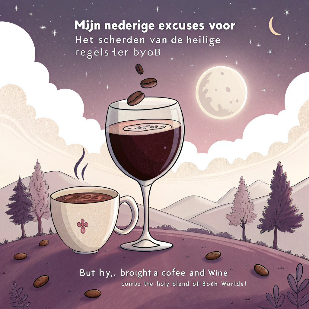 At the top of the image, "Mijn nederige excuses voor het schenden van de heilige regels der BYOB":

At the bottom of the image, "But hey, I brought a coffee and wine combo - the holy blend of both worlds!"

- In the center of the image, illustrate a whimsical scene where a giant coffee cup, complete with an elegant wine glass stem, stands triumphantly on a surreal landscape. A coffee bean moon hangs in the sky, dripping wine-red stardust onto a river of swirling espresso below.
Generated with these themes: Wine, COffee, and .
Made with ❤️ by AI.