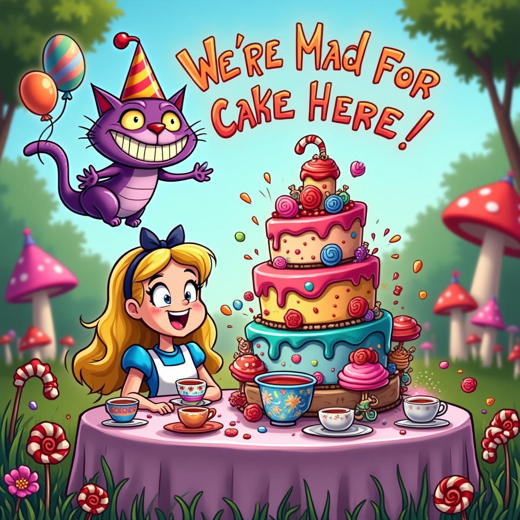 Alice in wonderland with cheshire cat and Alice and sweets and tea, and Birthday Card