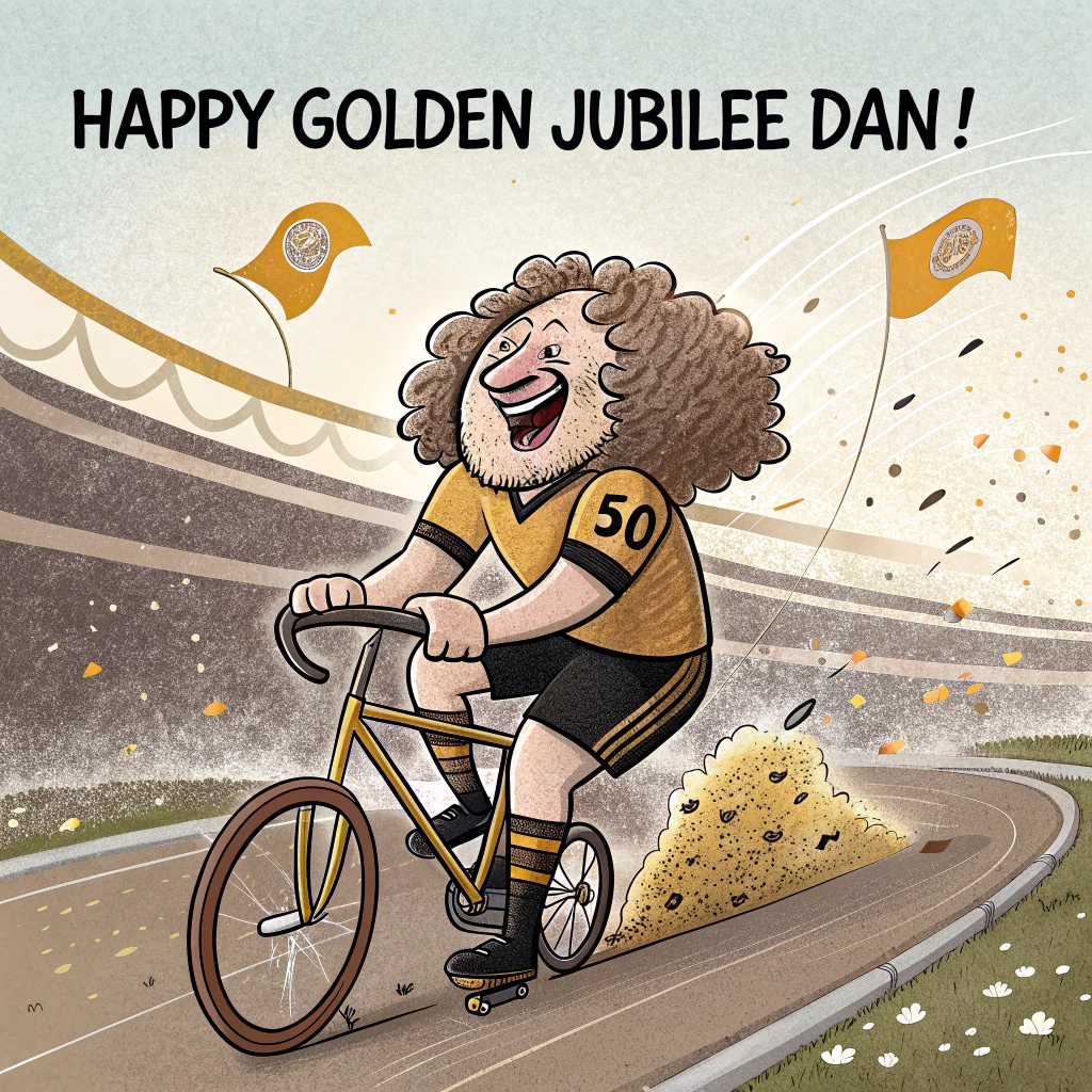 At the top of the Cartoon Style image, "Happy Golden Jubilee Dan!"

- Center scene: A cheeky hobbit cyclist with exaggerated proportions (big head, beaming grin, curly hair, oversized hairy feet pedaling barefoot), wearing a Wolverhampton Wanderers–inspired old-gold and black kit with a bold “50” on it. He’s zooming on a comically tiny road bike whose two wheels are gleaming golden rings, with swooshing motion lines and sparkly confetti bursting around.
- Background: A stylized stadium reminiscent of Molineux with old-gold and black banners; a playful pack of cartoon wolves in old-gold scarves cheer and wave flags, foam paws raised. Metallic gold balloons shaped like “5” and “0” float up. The road subtly curls into a “50” beneath the bike.
- Style: Playful, bright saturated colors, thick black outlines, bouncy, energetic poses; bold, chunky, high-contrast typography integrated with the scene.

At the bottom of the image, "One Ring, Two Wheels, Up The Wolves!"
Generated with these themes: Wolverhampton Wanderers Football Club, Hobbit , Cycling , and .
Made with ❤️ by AI.