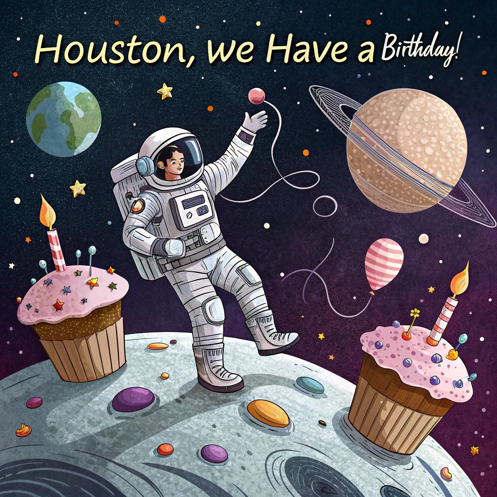 At the top of the image, "Houston, we have a birthday!"

- In the center of the image, create a surreal and abstract scene of an astronaut floating in deep space — but instead of planets, giant frosted cupcakes and melting candles orbit around them like moons.
- The astronaut is holding a balloon shaped like Saturn, and their reflection visor shows a miniature birthday party happening on the surface of a moon made of cake.
- Random abstract elements float by: jellybean-shaped asteroids, streamers that twist into galaxies, and tiny dancing space-unicorns in party hats twinkling like stars.
- The color palette is vibrant and whimsical: nebula pinks, icing blues, starry yellows, and shimmering metallics.
- Add a touch of glowing text at the bottom that reads, “Celebrate to the Moon and Back!”
Generated with these themes: Space astronaut .
Made with ❤️ by AI.