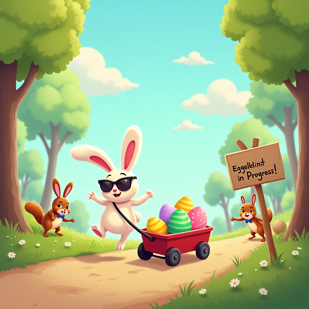 **Prompt:**  

A bright, sunny April morning in a whimsical cartoon forest: tall, wobbly trees with pastel-colored leaves sway gently in the breeze. A fluffy white rabbit with oversized ears and sunglasses is bouncing gleefully down a winding forest path made of jellybeans. The rabbit is pulling a tiny red wagon overflowing with hilariously misshapen Easter eggs—one is square, another shaped like a dinosaur, and one suspiciously looks like a meatball. Squirrels in bow ties are peeking from behind trees, pointing and giggling. A handmade sign stuck in the ground reads, “Eggcellent Delivery in Progress!” in wobbly lettering. The sky is dotted with cheerful, puffy clouds shaped like chocolate bunnies. The overall scene is playful, colorful, and packed with silly Easter cheer.
Generated with these themes: t is a bright, sunny April morning and a rabbit is bouncing along a forest path.
Made with ❤️ by AI.