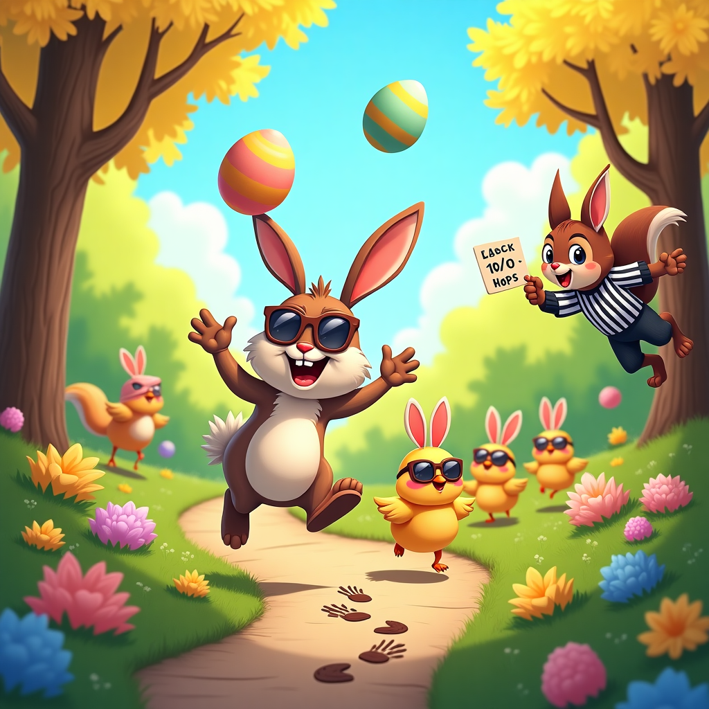 T is a bright, sunny April morning and a rabbit is bouncing along a forest path Easter Card