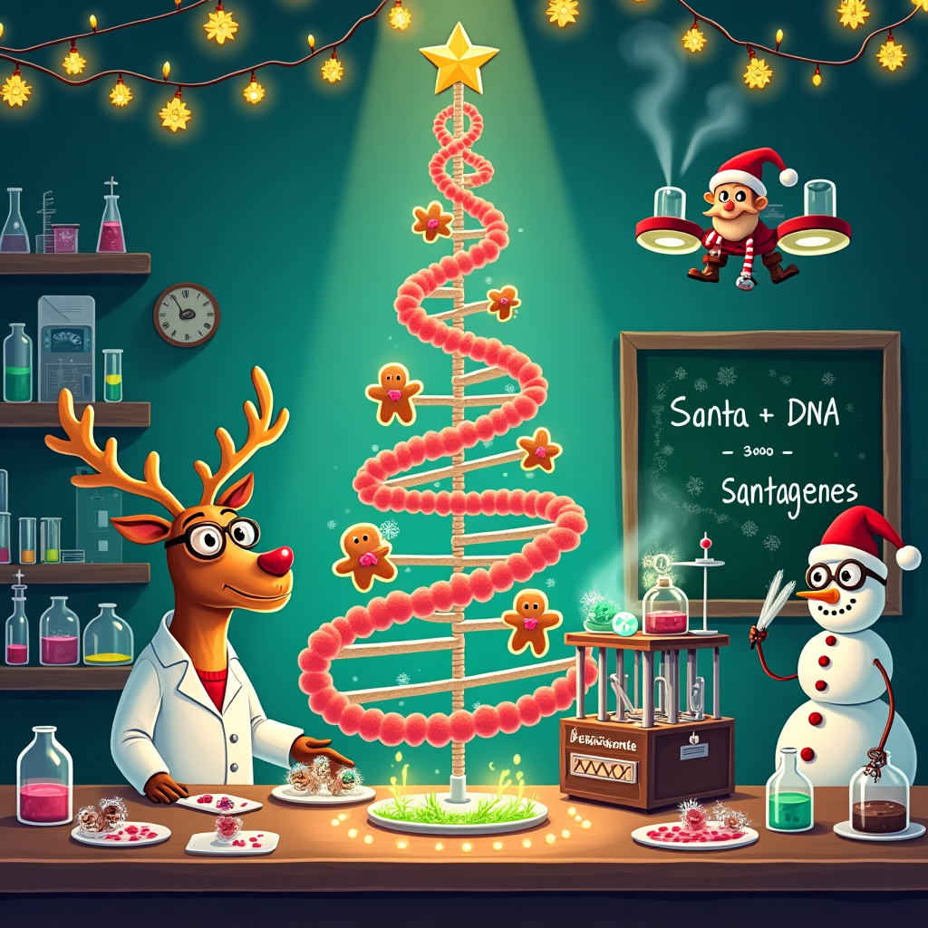 In a bustling science lab festooned with twinkling fairy lights and baubles dangling from microscopes, a festive experiment is underway. At the center of the room, a giant Christmas tree made entirely of colorful DNA helixes spirals toward the ceiling. Each helix strand is adorned with tiny, whimsical protein ornaments resembling gingerbread men, snowflakes, and Santa hats. A cartoonish reindeer in a lab coat, complete with spectacles perched on its nose, stands by a table cluttered with beakers and test tubes bubbling with vivid red and green liquids. On the table, there's a whimsical contraption labeled "Protein Synthesizer 3000" with a string of tinsel wrapped around it, and a small Santa Claus figurine sits proudly atop. On the wall, a chalkboard displays a humorous equation: "Santa + DNA = Santagenes," illustrated with a doodle of a Santa sporting a DNA strand for a beard. In the corner, a snowman assistant, wearing safety goggles, holds a pipette and studies a Petri dish filled with glowing, bioluminescent snowflakes. Overhead, a mechanical elf drone, complete with propeller hat and lab badge, hovers while delivering a tray of steaming hot cocoa to the lab's busy occupants. The scene captures a quirky blend of holiday spirit and scientific curiosity, brimming with delightful details and clever nods to both science and Christmas traditions.
Generated with these themes: Science lab, Protein, Dna, and Experiment.
Made with ❤️ by AI.