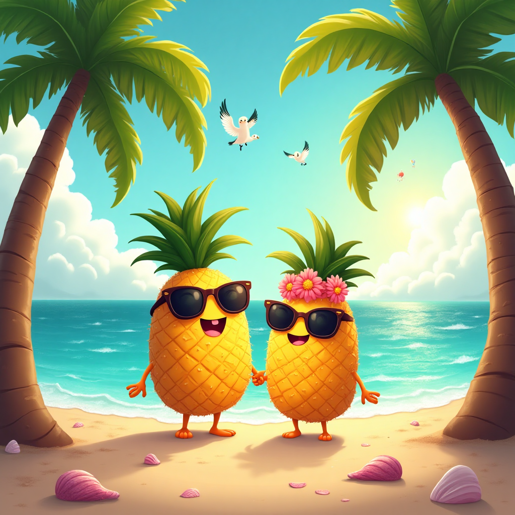 Beach, palm Trees, pineapple , and Anniversary Card