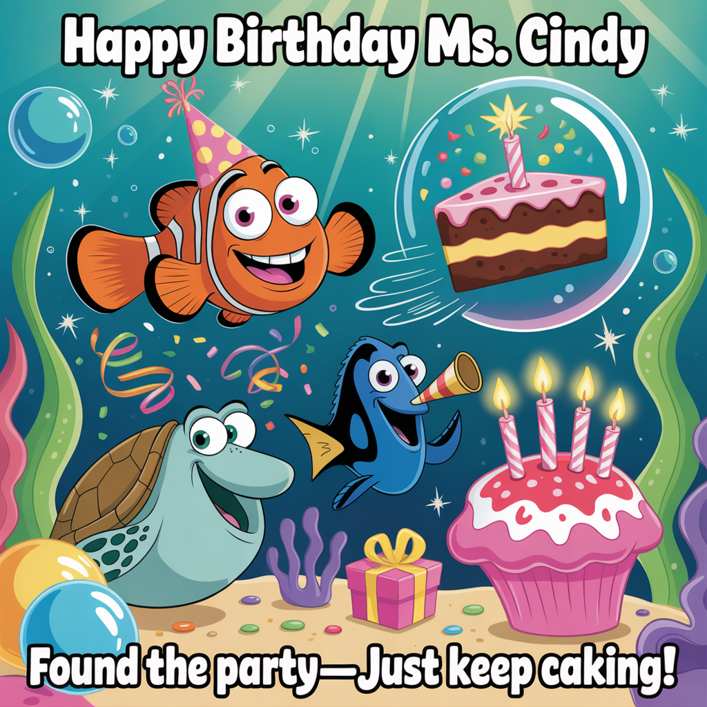 At the top of the Cartoon Style image, "Happy Birthday Ms. Cindy"

At the bottom of the image, "Found the party—just keep caking!"

In the center, a Finding Nemo–inspired undersea birthday bash: a wide-eyed, grinning clownfish in an oversized polka-dot party hat rockets through sparkling teal water toward a runaway slice of cake trapped inside a glossy bubble; beside it, a forgetful blue tang gleefully scatters rainbow confetti and streamers. A chill sea turtle blows a party horn, a starfish applauds with goofy enthusiasm, and a pink sea anemone mimics a frosted cupcake with candle-like coral glowing softly. Bubbly balloons, gift-wrapped treasure chest, and swaying neon seaweed frame the scene. Playful cartoon energy with exaggerated proportions, thick black outlines, bright saturated colors, and whimsical, dynamic poses. Sunbeams pierce the water, adding twinkle highlights and sparkly bubbles. Leave clean negative space around the top and bottom for the headline and punchline; use bold, chunky, hand-lettered text in bright white with reef-colored outline and a soft shadow so it pops against the ocean backdrop.
Generated with these themes: Finding Nemo, , and .
Made with ❤️ by AI.