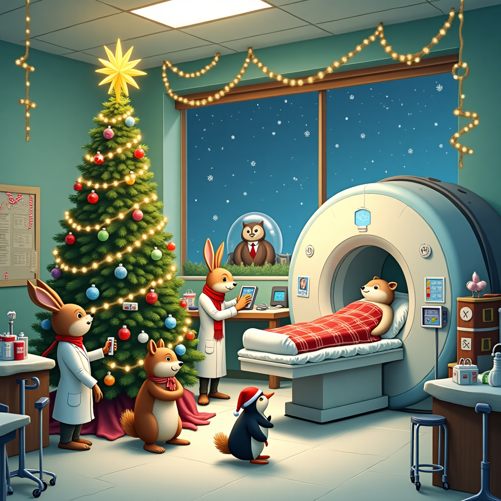 The scene unfolds in a bustling, whimsical hospital ward decked out for Christmas. The walls are festooned with tinsel and twinkling fairy lights that snake around IV stands and heart monitors. In the center, a towering Christmas tree made entirely of stethoscopes, syringes, and colorful pill bottles stands proudly. The branches are adorned with sparkling baubles shaped like band-aids and miniature x-ray images, while a radiant star made of surgical gloves crowns the top.

A team of anthropomorphic animals, reminiscent of Beatrix Potter’s characters, busily attend to their duties. Dr. Hare, a dapper rabbit in a white coat with a red scarf, is using a thermometer to check the temperature of a playful penguin patient wearing a Santa hat. Nearby, Nurse Squirrel, with a bushy tail peeking out from under her scrubs, hangs mistletoe over the bed of a snoozing polar bear wrapped in a plaid hospital blanket. An owl with spectacles, representing the wise hospital administrator, sits at a desk covered in candy canes and gingerbread charts, approving the holiday festivities.

In the background, you can see a kindly doctor, modeled after an NC Wyeth adventurer, coaxing a reindeer on crutches into a decorated MRI scanner shaped like a giant snow globe. Through a frosted window, flakes of snow can be seen gently falling against the winter night. This enchanting scene captures the delightful chaos and warmth of a medical team merrily navigating the holiday season with their endearing patients.
Generated with these themes: Medical Infrastructure Team.
Made with ❤️ by AI.