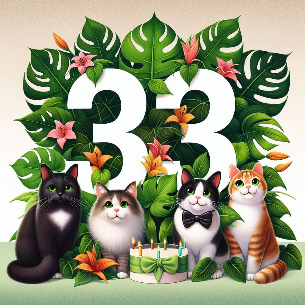 33, Plant mom, Monstera, Black cat, Ginger cat, and Tuxedo cat Birthday Card