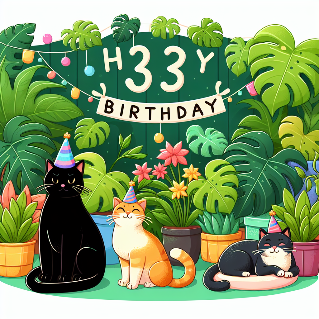 Create a colorful cartoon scene of a birthday celebration, specifically designed for a 33-year-old person who loves plants. The space is decorated with a variety of lush, green monstera plants. In this lively setting, three adorable cats can be seen: a graceful black cat wearing a party hat seated majestically, a cozy ginger cat nestled in the plant leaves, and an elegant tuxedo cat leisurely stretching in the vicinity. These charming cartoon cats exude warmth and are a tribute to the birthday person's love for both cats and plants.
Generated with these themes: 33, Plant mom, Monstera, Black cat, Ginger cat, and Tuxedo cat.
Made with ❤️ by AI.