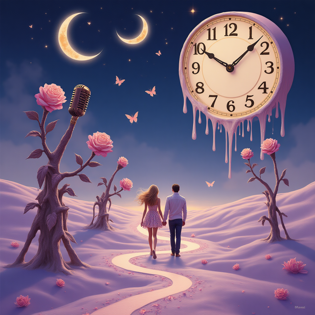 Romantic anniversary, dreamlike surrealism, Dali-inspired. Under a midnight-lilac sky, a colossal melting clock drapes over twin vinyl-record moons, its golden numerals dripping into a shimmering lavender desert. Foreground: a crystal acoustic guitar melts into a ribbon road that curls into a heart; two hand-in-hand silhouettes stroll along the guitar neck, their shadows waltzing. Stage mics twist into stems bearing rose-blooms whose petals are tiny clockfaces. At left, a Taylor Swift–inspired figure (blonde bangs, red lips, shimmering sequined dress) serenades into a vintage mic; her trailing dress dissolves into musical notes and stardust butterflies. Soft dunes mirror rose-gold highlights; ethereal beams, elongated shadows, painterly textures. Palette: indigo, lavender, blush pink, pale gold. Romantic, whimsical, high detail, otherworldly, melting shapes, gentle haze. Portrait orientation, 4:5, generous negative space near bottom.

Small on-image caption (pale gold, elegant handwritten script, centered near bottom):
“Late to the party, right on time for us.”

No other text, no logos, no borders.
Generated with these themes: Taylor swift, Late, and .
Made with ❤️ by AI.