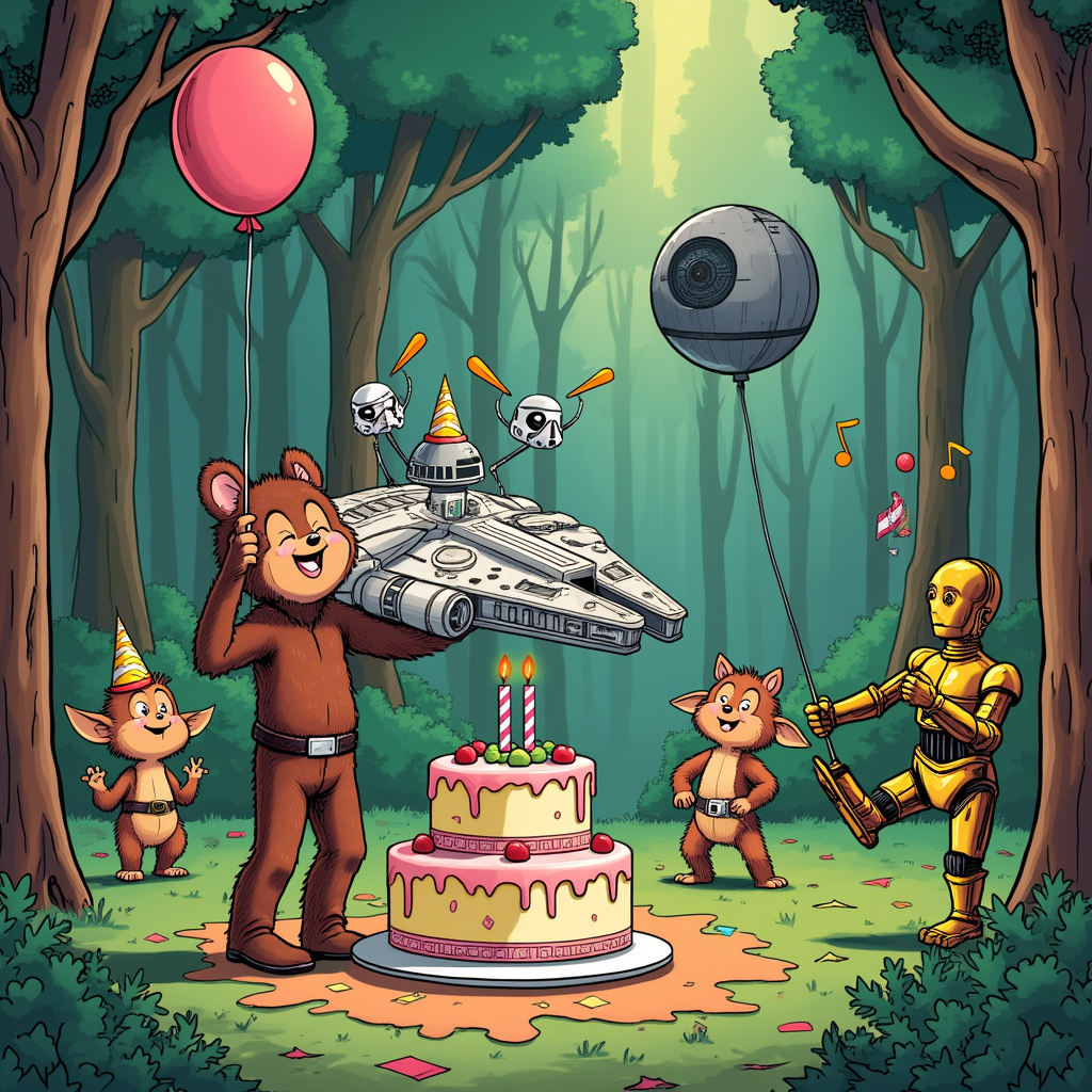 Picture this: the scene opens on a lush, alien birthday party on the forest moon of Endor. Imagine a vivid and playful blend of Charles Schulz’s clean lines with the intricate details of Hergé’s Tintin, all wrapped in the quirky humor of Gary Larson’s The Far Side.

In the foreground, center-stage, a jubilant Ewok with a party hat that looks like Yoda’s ears holds a giant, colorful birthday cake shaped like the Millennium Falcon. The cake is complete with icing details: tiny, edible figures of Han Solo and Chewbacca made out of marzipan peeking out of the cockpit.

To the left, Calvin and Hobbes-style, a mischievous Ewok (let’s call him Wicket) is trying to steal a balloon shaped like the Death Star. The balloon has comically exaggerated details, including a string attached to a tiny X-wing trying to "destroy" it. Wicket is reaching out, almost on tiptoes, his face beaming with excitement.

On the right, a tall, lanky droid resembling C-3PO (drawn with a hint of Osamu Tezuka’s robotic charm) is juggling lightsabers that glow in brilliant neon colors. He has an exaggerated, comical expression of panic, his eyes wide and his mouth open in a worried "O."

In the background, a semi-circle of trees in the classic Winsor McCay’s dream-like style has been transformed into a whimsical makeshift stage. On this stage, R2-D2 (with a slight R. Crumb underground comix twist) is DJ-ing the event, his dome spinning like a record player, with musical notes floating in the air. Around him, other Ewoks are dancing in joy, some in Stormtrooper helmets as if they’ve commandeered them for the festivities.

Further back, nestled in the trees, you can see the iconic Ewok village huts, adorned with festive banners and streamers, all drawn with the meticulous attention to detail reminiscent of Will Eisner’s graphic novels. Each hut has its own quirky decorations, such as a TIE Fighter piñata hanging from a tree branch and string lights shaped like miniature Star Destroyers.

In the sky above, a cartoonish, oversized Star Wars spaceship, like a cross between Art Spiegelman’s Maus and a Walt Disney fairy tale castle, hovers with a giant “Happy Birthday” banner trailing behind it, written in the Star Wars iconic font. A couple of X-wings and TIE Fighters zip around the banner, engaged in a friendly dogfight, complete with exaggerated, playful laser blasts that look more like fireworks.

This card cover, bursting with vivid details and playful references, captures a whimsical Star Wars birthday celebration in a way that’s both nostalgic and fresh, appealing to fans of all ages.
Generated with these themes: Star wars.
Made with ❤️ by AI.