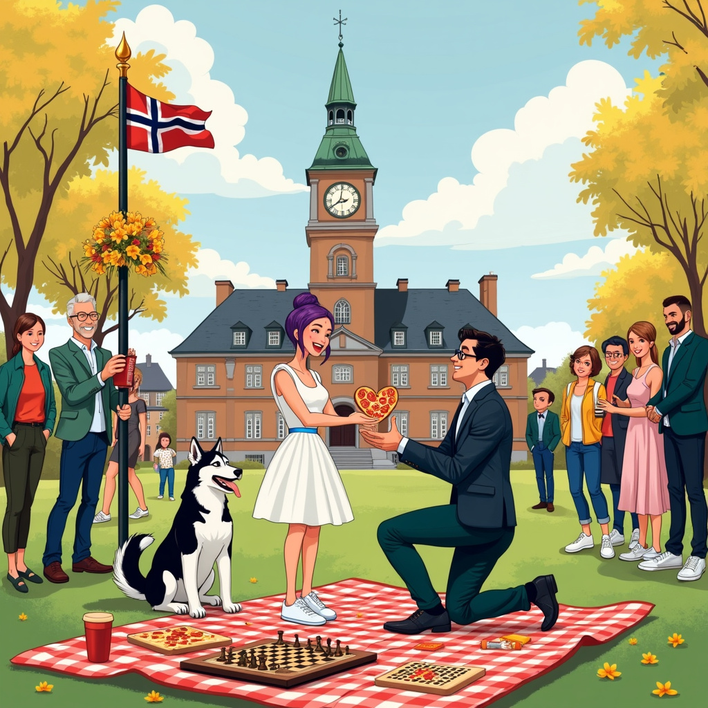 In the scene, Fredriksberg Town Hall, an elegant yet charmingly quaint building with classic Danish architectural elements, stands proudly in the background. The iconic tower clock can be seen chiming at noon, indicating the special moment.

In the foreground, the dark-haired groom with glasses, sporting dark green trousers, a crisp white shirt, and a dark blue jacket, is kneeling down on one knee. He is holding a heart-shaped pizza, topped with cheese and pepperoni, instead of the traditional bouquet.

Next to him, the purple-haired bride, with her hair styled up in a chic yet playful bun, is beaming. She’s wearing a short-length white dress with short sleeves and white trainers, perfect for the quirky celebration. Her face shows pure joy as she accepts the unusual, yet endearing, proposal.

To their left, the black and white female Malamute with a fluffy tail sits patiently, its fur perfectly groomed and tail curled gracefully. Beside her, the brown and white female Malamute with an equally fluffy tail is caught mid-wag, clearly excited by the festive atmosphere.

Behind the couple, the Danish flag waves proudly in the gentle breeze, mounted on a tall pole that is adorned with daffodils wrapped around its base. The bright yellow flowers contrast beautifully against the red and white of the flag.

A picnic setup sprawls in front of the Town Hall steps, with an array of board games laid out – Scrabble, Chess, and a quirky Danish game called Ludo. The pieces of the games are in mid-play, as if the celebration included playful competition.

Family members are gathered around, each wearing smiles and casual, festive attire. There are parents, siblings, and friends, all watching the scene with joyous expressions. Some are holding pieces of the heart-shaped pizza, savoring the unique treat.

Off to the side, a sketch of Copenhagen’s skyline is whimsically incorporated into the scene, adding a sense of place and setting. The architectural beauty of the city is captured with iconic buildings subtly detailed.

The scene is bustling with life and vibrant with unique details, each element contributing to the quirky love story unfolding before Fredriksberg Town Hall.
Generated with these themes: Black and white female Malamute with fluffy tail, Brown and white female Malamute with fluffy tail, Copenhagen , Dark haired groom with glasses, wearing dark green trousers , white shirt and dark blue jacket , Purple haired bride, with her hair up. Wearing short length white dress with short sleeves and white trainers. , Fredriksberg Town Hall  , Heart shaped Pizza , Board games , Danish flag , Daffodils , and Family.
Made with ❤️ by AI.