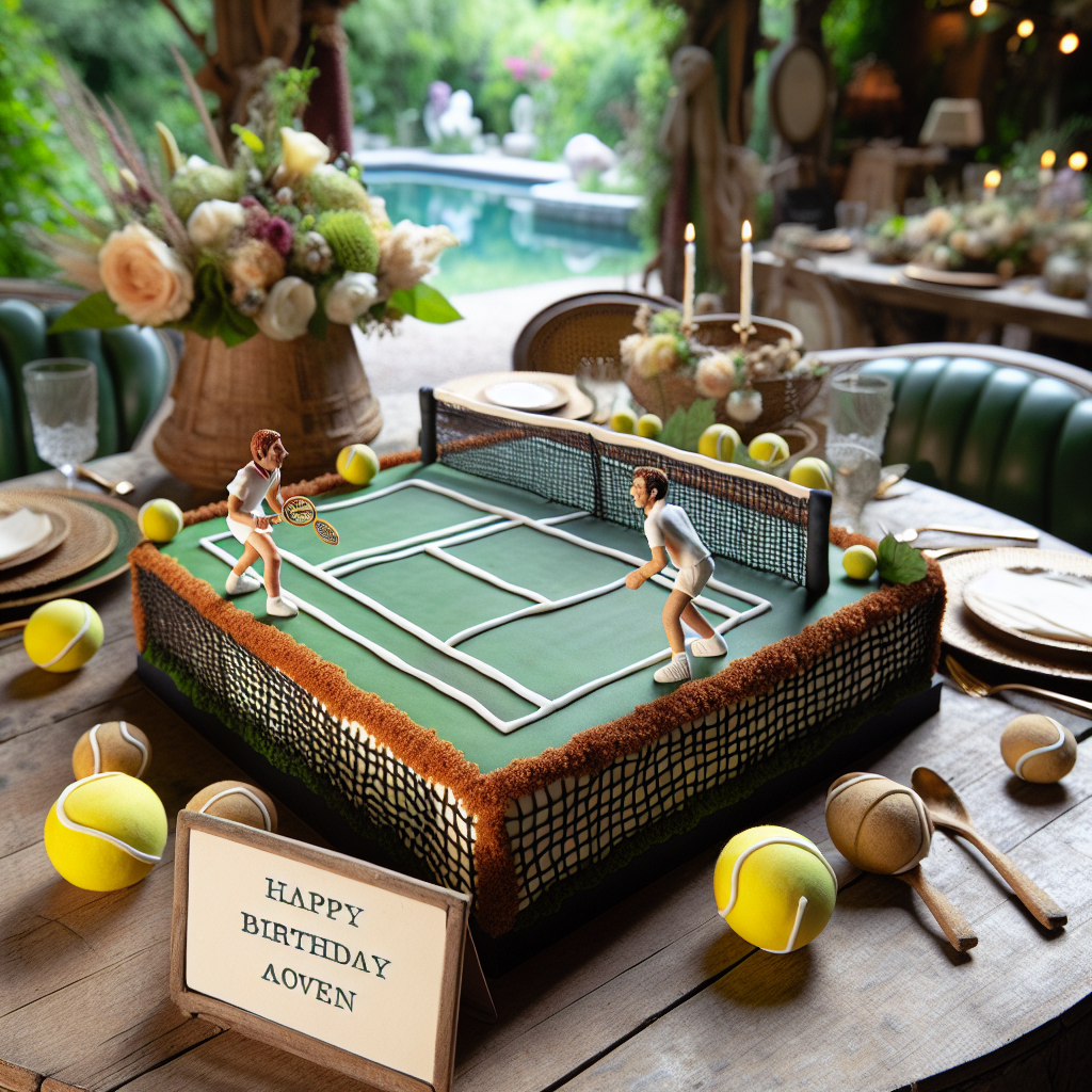 A charming, rustic birthday setting featuring a pristine tennis court crafted from edible materials as the centerpiece of the decor. It comes complete with two miniature fondant figures engaged in an enthusiastic match, one an iconic male British rock singer, and the other a popular male rhythm and blues singer. The beautifully crafted cake commandingly sits atop a table adorned with net-like motifs, surrounded by the vivid hues of natural wood and lush greenery. Miniature tennis balls serve as delightful placeholders for customized place cards that greet the guests. The serene atmosphere of this birthday celebration is further uplifted by a playlist encompassing well-loved classic rock and rhythm and blues songs.
Generated with these themes: Cliff richard, Rod stewart, and Tennis.
Made with ❤️ by AI.