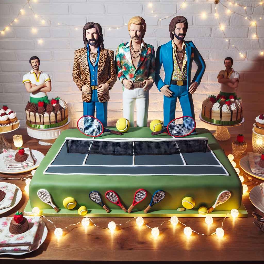 A delightful birthday party scene unfolds with a realistic vibe where recognizable middle-aged male musicians with brunette hair and flamboyant fashion sense are depicted as life-sized, edible, fondant figures topping a lavish tennis court-themed cake. The surrounding decorations are tastefully understated, allowing the detailed figurines and tennis motif to hold attention. Fairy lights subtly illuminate the area, amplifying the allure of the desserts and casting a cozy glow over the tennis racquet-shaped napkins strategically placed at each setting.
Generated with these themes: Cliff richard, Rod stewart, and Tennis.
Made with ❤️ by AI.