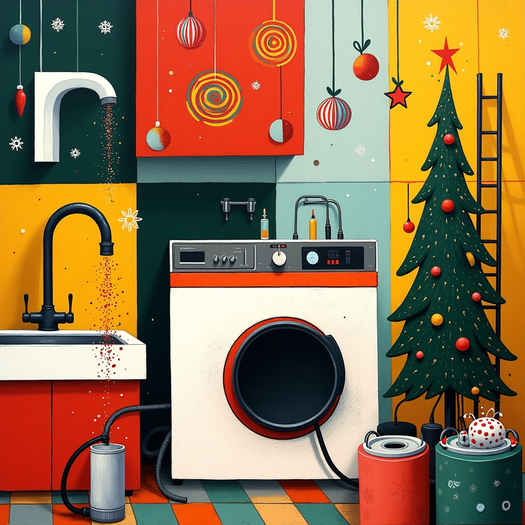 The Christmas greeting card cover is a whimsical, abstract interpretation of a holiday-themed utility room, inspired by a blend of avant-garde styles. Imagine a large, brightly colored canvas split into geometric sections reminiscent of Mondrian's grid, but infused with the chaotic energy of Pollock's splatters. In the center, a large, oversized utility sink is rendered in the style of Malevich's Suprematism, featuring bold blocks of primary colors. The faucet comically twists and turns like a de Kooning line, with water flowing out in playful, swirling Miro-like patterns.

On the left, a washing machine stands as an imposing, Rothko-esque monolith with broad, soft bands of reds and greens. The circular door is ajar, with swirling Cy Twombly-like doodles escaping, resembling a flurry of snowflakes and candy canes. To the right, a clutter of utilities - including a whimsical vacuum cleaner, with a coiled hose that loops like a playful Richter smear, and a spindly ladder that seems to extend endlessly upwards, breaking the frame like a Martin grid gone rogue.

Above, an abstract Christmas tree in the style of Kandinsky hovers, with ornaments and stars represented as concentric circles and sharp angles, casting an ethereal dance of shadows and light across the room. Scattered throughout the scene, tiny, delicate Agnes Martin-inspired grid patterns create a subtle background of snowflakes, adding texture to the chaos.

The overall composition is a busy yet harmonious clash of styles, colors, and forms, capturing the essence of holiday hustle and warmth in a utility room turned festive stage.
Generated with these themes: Utilities .
Made with ❤️ by AI.