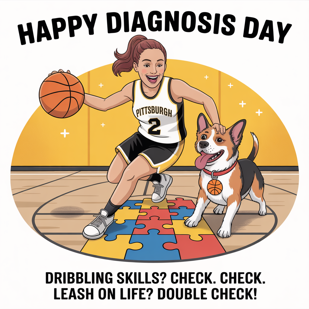 At the top of the image, "Happy Diagnosis Day":

At the bottom of the image, "Dribbling Skills? Check. Leash on Life? Double Check!"

- In the center of the image, illustrate a playful scene where a woman in a Pittsburgh-themed basketball uniform is joyfully dribbling a basketball. Beside her, a dog with a basketball-themed collar and a delighted expression is attempting to 'guard' her, with its tongue playfully out. The court floor features puzzle pieces, symbolizing autism awareness, creating a vibrant and supportive environment.
Generated with these themes: Women’s basketball , Dogs , Pittsburgh , Autism , and .
Made with ❤️ by AI.