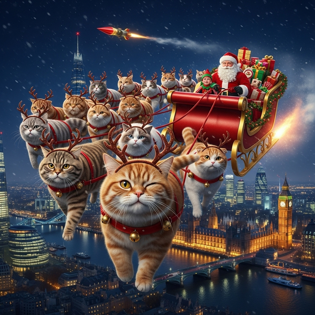Big, fat laughing father christmas in his sleigh sitting with a baby elf. The sleigh is huge with overflowing presents and there are rockets firing out of the back. It is nighttime and it is flying far above a lit up city of London. The sleigh is being pulled by a lot of fat cats of different breeds, all with different expressions and all wearing antlers. There is a fat cat in front which is larger than the rest, laughing and winking hard straight into the camera and it had a big red nost like rudolph the reindeer, and Christmas Card
