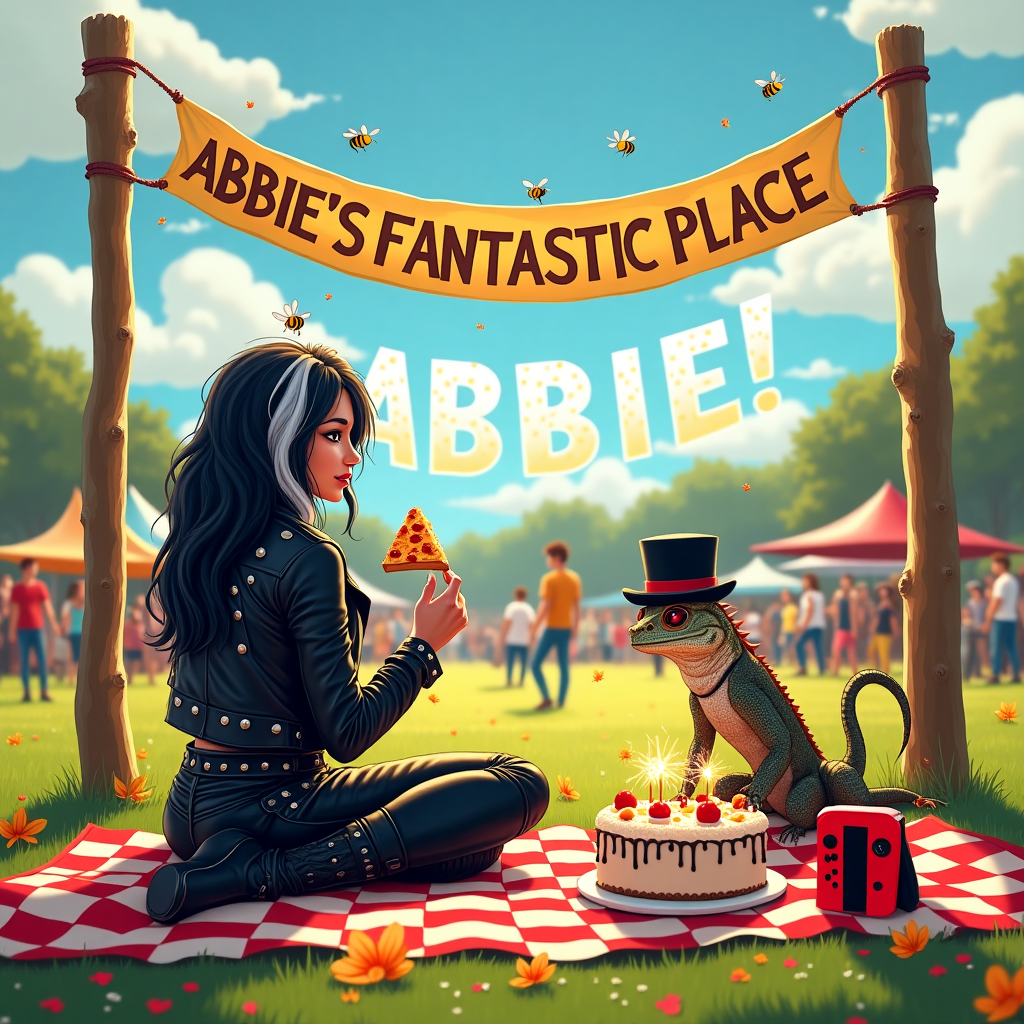 A bearded dragon lizard, A woman with white and black hair and goth clothes, Pizza and beer, A banner saying 'Abbie's Fantastic Place', Nintendo switch console, Birthday cake, Bees in the air, and Picnic at a rock festival Birthday Card