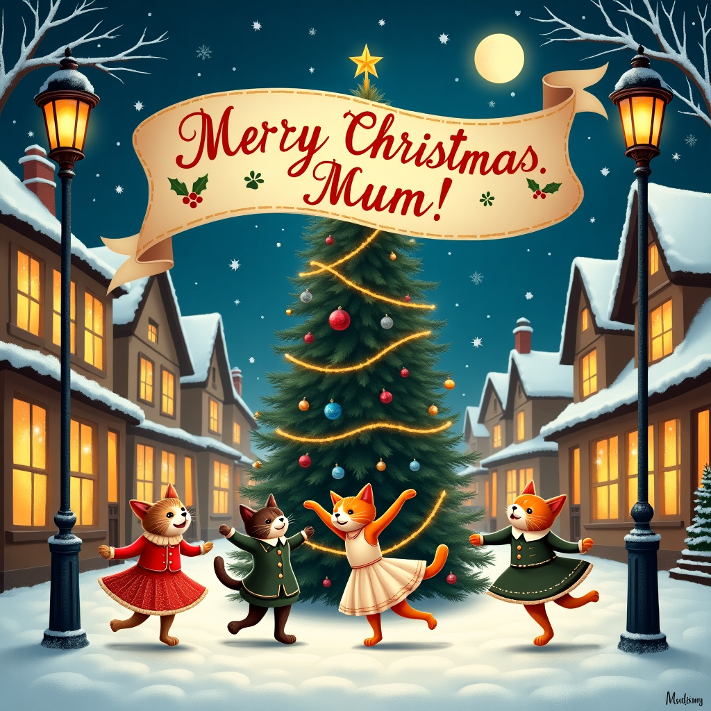 Picture a whimsical winter night set in a charming, snow-dusted Victorian village. The scene is bustling with festive energy as soft snowflakes descend like tiny ballerinas. The cobblestone streets are lined with quaint, illuminated shop windows, each glowing warmly against the crisp night air. At the heart of the village square stands a grand, twinkling Christmas tree, adorned with baubles and tinsel that catch the light like a thousand tiny stars. 

In front of this magnificent tree, a troupe of cats are engaged in a lively dance. They are dressed in adorable little outfits reminiscent of a traditional ballet performance; some wear tutus while others sport tiny waistcoats and top hats. One particularly elegant tabby cat performs a pirouette, her tail creating a graceful arc in the air, while a ginger cat leaps joyfully with paws outstretched, a perfect feline interpretation of a grand jeté.

Suspended above the scene, a large, hand-painted banner gently sways between two old-fashioned gas lanterns. The banner reads, “Merry Christmas, Mum!” in swirling, golden script, with small painted paw prints and holly leaves adorning the corners. This adds a personal touch, as if the cats themselves have organized this jubilant performance in honor of their beloved "Mum."

The background showcases quaint, snow-laden rooftops and softly glowing windows, while a full moon peeks out from behind frosty, swirling clouds, casting a silver glow over the festive gathering. Here and there, twinkling stars sprinkle the sky, adding to the magical charm of this enchanting Christmas dance in the heart of the village.
Generated with these themes: Cats, and Dancing .
Made with ❤️ by AI.