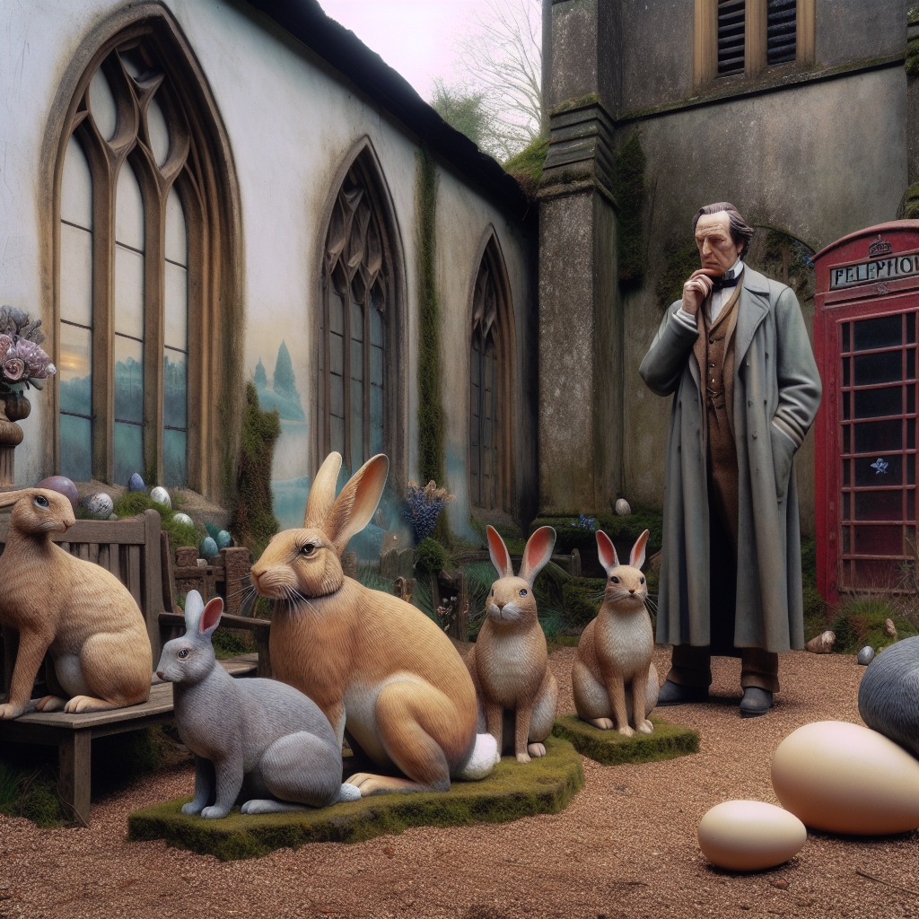A tranquil scene unfolds in a quiet, decaying churchyard where Easter is marked with subdued, subdued solemnity rather than joyful fervor. At the heart of the scene, a realistic tableau shows solemn rabbits sitting next to thoughtful cats, each animal depicted with a remarkable degree of realism. Off to the side, a distinguished fictional scientist character emerges from the shadows, his expression thoughtful as he stands next to a vintage British police phone booth, observing the serene coexistence of the animals. The Easter theme is subtly immersed throughout, with a few simplistic, naturalistic eggs placed in the backdrop.
Generated with these themes: Dr who, Rabbits, and Cats.
Made with ❤️ by AI.