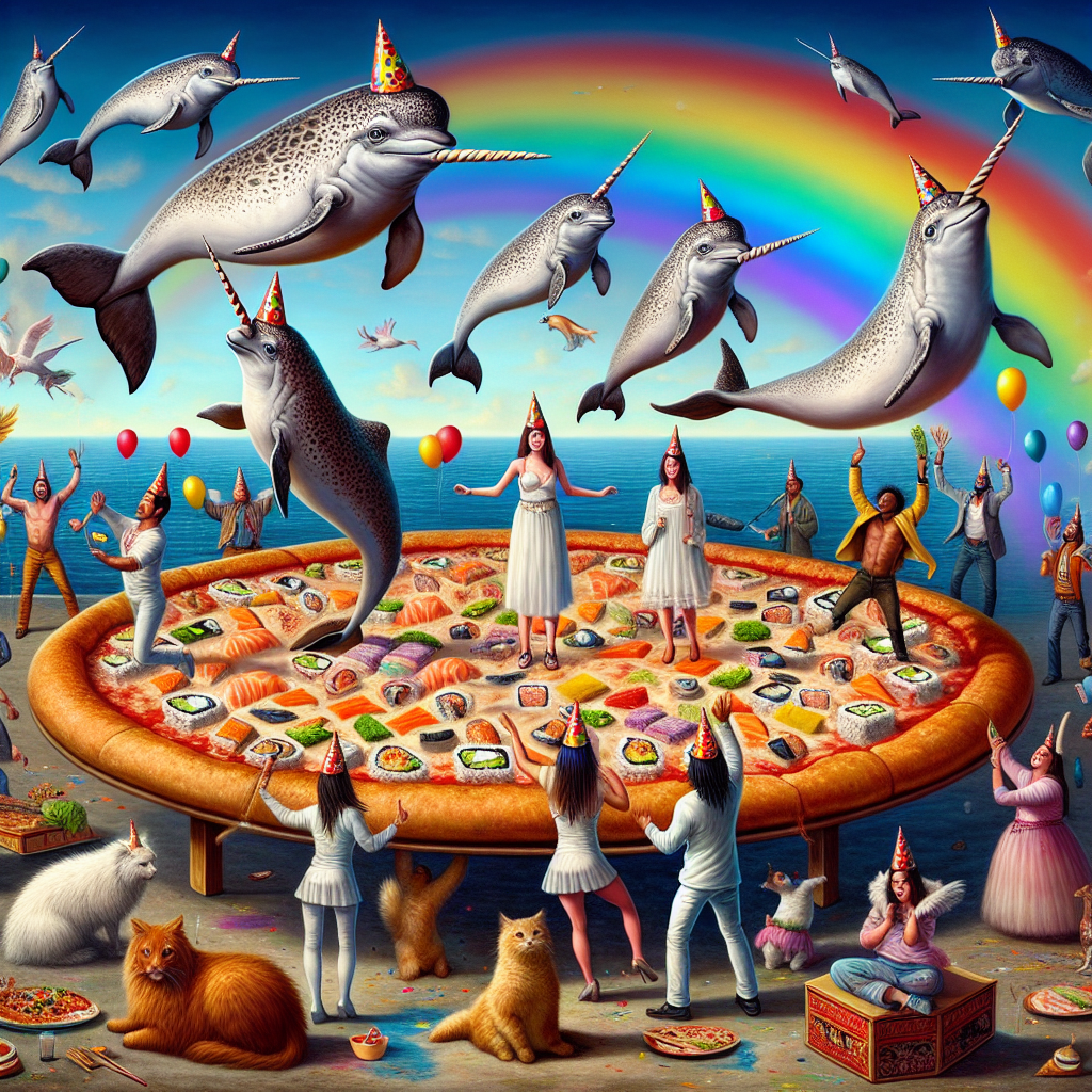 Imagine a whimsically paradoxical birthday scene, where elements of the real and unreal converge. Picture narwhals, unique sea creatures, donned in party hats, suspended mid-air as they perform a gracious aerial dance over an enormous pizza. The pizza, defying norms, doesn't have the typical toppings but is laden with a varied selection of sushi. Rainbows, symbolizing hope and joy, spontaneously appear overhead, adding vibrant strokes of color to the sky. In one corner of this landscape, a diverse group of people comprising a Caucasian woman, a Hispanic man, a South Asian woman, and a Black man break into a perfectly synchronized hip hop dance, their energy palpable. Amidst this spectacle, an endearingly large and fluffy cat of indeterminate breed sits, its eyes glinting with unmistakable longing for the sushi-topped pizza.
Generated with these themes: Narwhals, Huge pizza with sushi on, Rainbows, Hip hop dance, and Chonk.
Made with ❤️ by AI.