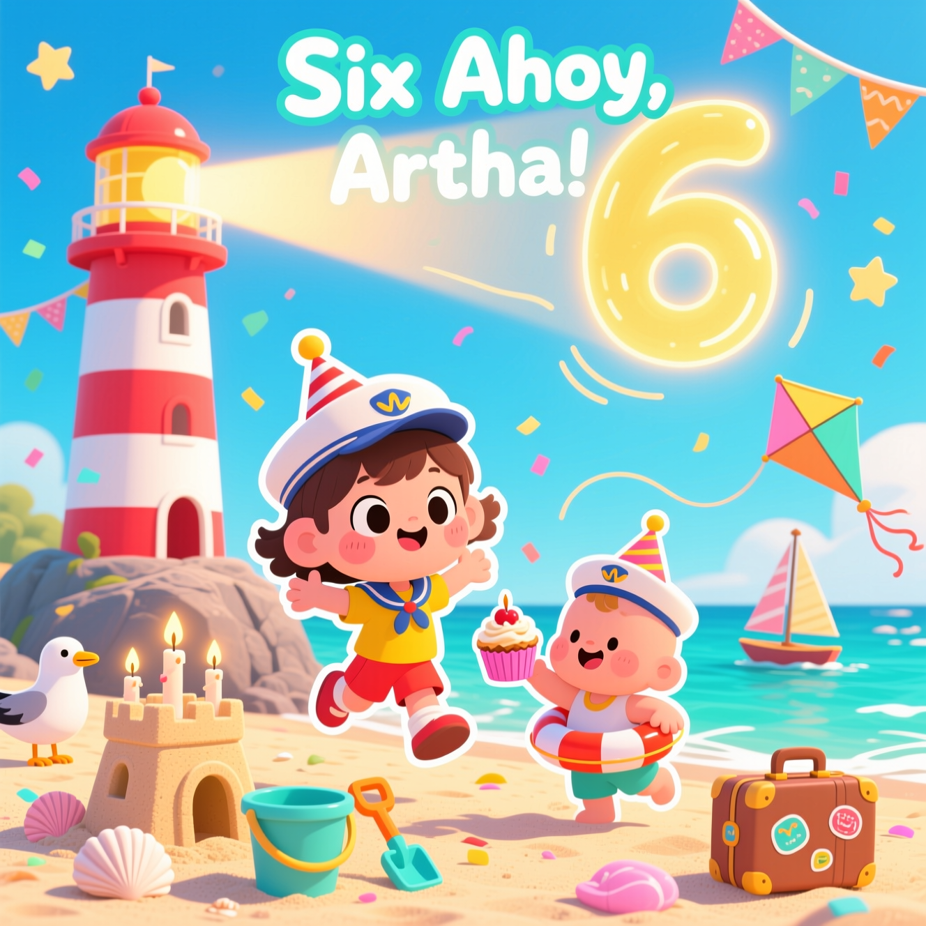 Playful, cute cartoon beach scene with a tall red-and-white striped lighthouse on a sunny seaside rock, casting a warm golden beam that curls into the shape of a glowing number 6 in the sky. In the foreground, a chibi-style child named Artha (age 6) with big expressive eyes, rosy cheeks, and a sailor party hat jumps with arms wide, wearing bright, age-appropriate holiday clothes; beside them, a giggly baby brother in a lifebuoy float with a tiny sailor cap reaches for a cupcake. Around them: a mini sandcastle shaped like a lighthouse with tiny candles, seashells, a beach bucket and spade, a cheerful seagull in a party hat, a small sailboat on turquoise water, a kite, bunting flags, confetti stars, and a little suitcase with travel stickers to suggest holiday vibes. Style: thick inky outlines, bold simple shapes, bright saturated palette (coral red, sunny yellow, sky blue, seafoam, candy pink), soft cel shading, energetic, whimsical poses, cute sticker-like details. Lighting: sunlit and sparkly with gentle rim light; soft, bouncy shadows. Composition: portrait, full-bleed; lighthouse on the left third, kids centered, big open sky for the glowing 6. Add playful motion lines and swirls. Include only this single line of text in chunky hand-lettered bubble type near the top, white fill with teal outline: Six Ahoy, Artha!
Generated with these themes: .
Made with ❤️ by AI.