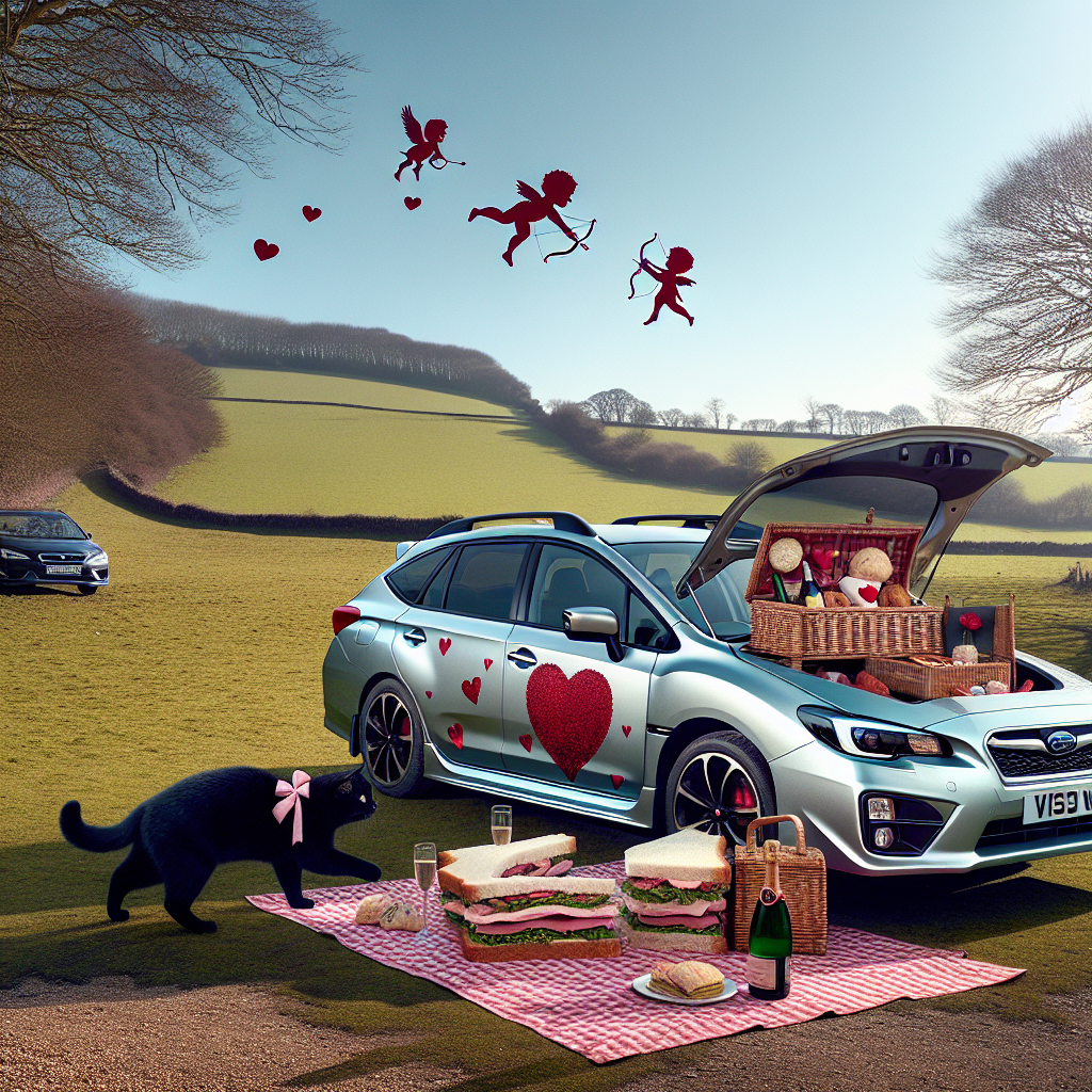 A light silver Subaru Impreza estate car is stationed on the edge of a serene English countryside beneath a crystal-clear sky. The vehicle is adorned with decals of red hearts and Cupids in celebration of Valentine's Day. An affectionate picnic arrangement is prepared in the opened trunk featuring a classic checkered blanket, a bottle of chilling champagne, and an unusually large sandwich shaped like a heart. A good-natured black feline with a plush pink bow tie moseys around the car, playfully attempting to snatch a tidbit every now and then. Animated birds are flying high above, holding a banner reading 'Be My Valentine'.
Generated with these themes: Light silver subaru impreza estate , English field, Picnic, and Friendly black cat.
Made with ❤️ by AI.