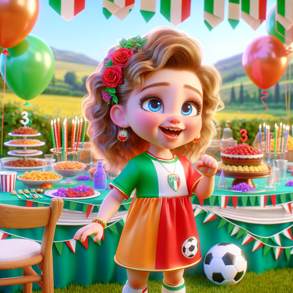 Render an enchanting cartoon-stylized birthday party scenario. The focal point is a 2-year-old Caucasian granddaughter possessing bright eyes and a charming smile. She displays her enthusiasm for singing while clad in a vibrant soccer outfit symbolizing her admiration for the sport. The environment embraces her Italian lineage subtly, with tributes such as soccer ball motifs integrated into her dress hem and a tranquil Italian-like countryside as the setting. Party accessories embracing a soccer theme punctuated with signs of Italian traditions, like mini flags and balloons shaped like pasta, enhance the uniqueness of the gathering.
Generated with these themes: Granddaughter, 2 years old, Singing, Soccer, and Italien.
Made with ❤️ by AI.