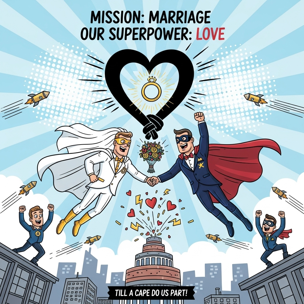 At the top of the Cartoon Style image, 'Mission: Marriage  Our Superpower: love'

A funny, high-energy wedding scene in playful Cartoon Style: two original newlywed superheroes soar upward above a stylized city skyline that subtly resembles stacked wedding-cake tiers. Exaggerated proportions, thick black outlines, bright saturated colors. Their capes knot together behind them to form a big heart silhouette as they hold hands midair, grinning through simple masks. One hero wears a sleek white suit with a veil-like cape and gold accents; the other sports a navy hero suit with tuxedo lapel graphics and a flowing crimson cape. A radiant ring-glow crackles between them; a bouquet explodes into heart and lightning-bolt confetti. Cheerful sidekick pals on rooftops strike dynamic poses, tossing more confetti; tiny rocket-cans whoosh by for a humorous touch. Low-angle, wide shot; sunburst rays, halftone dots, and speed lines amplify the action. Clean, open sky for the title; full-bleed celebratory composition. No branded logos or known characters.

At the bottom in small playful lettering: 'Till cape do us part!'
Generated with these themes: Super heroes, and .
Made with ❤️ by AI.