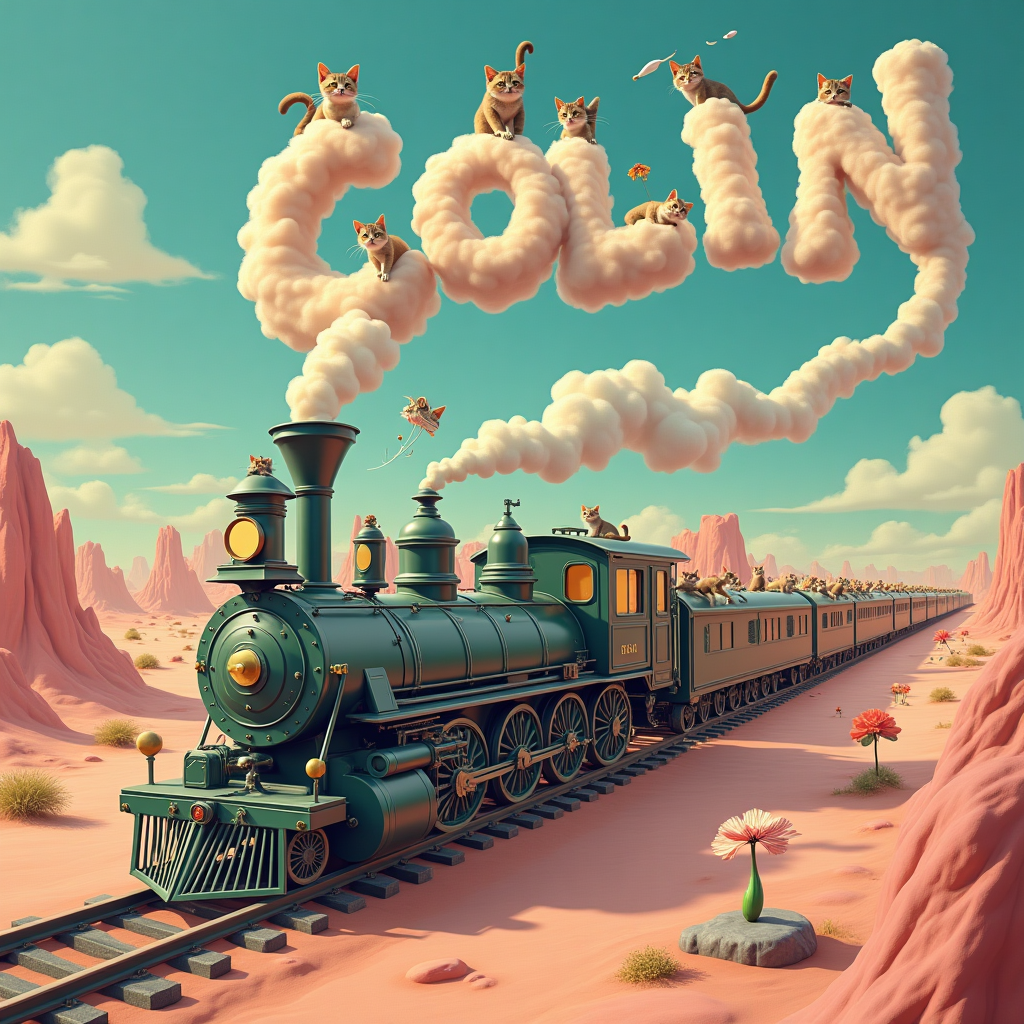 At the top of the Surreal Style image, Happy Birthday COLIN

Dreamlike surrealism, Dali-inspired: an otherworldly pastel desert where railway tracks melt and drape over floating mesas like soft taffy. A gleaming, elongated steam locomotive thunders along impossible looping rails, angled dramatically toward the viewer. From its smokestack, fluffy white steam curls into cloud-puff letters that spell COLIN across a lavender–peach sky. The train driver is clearly visible in the cab: short grey spiky hair, glasses catching the light, a playful grin as he leans out to wave a tiny flag. Lots of cats everywhere—dozens—wearing miniature conductor caps, stacked in a wobbly pyramid on the cowcatcher, lounging on the boiler, peeking from windows, riding parasols like balloons, a long liquid cat bridging two rails, one cat calmly holding a melting pocket watch, others batting at fish-shaped clouds. Signals sprout like flowers, wheels morph into sleepy cat faces, shadows stretch impossibly long. Ethereal lighting with soft volumetric rays, painterly textures, peach–teal–lavender palette, crisp whimsical details, wide-angle low perspective for grandeur and humor. At the bottom, a small cheeky caption in playful hand-lettering: All aboard the Purr-thday Express!
Generated with these themes: Train driver with short grey spiky hair and glasses. The name COLIN written in cloud puffs from the train, Lots of cats, and .
Made with ❤️ by AI.