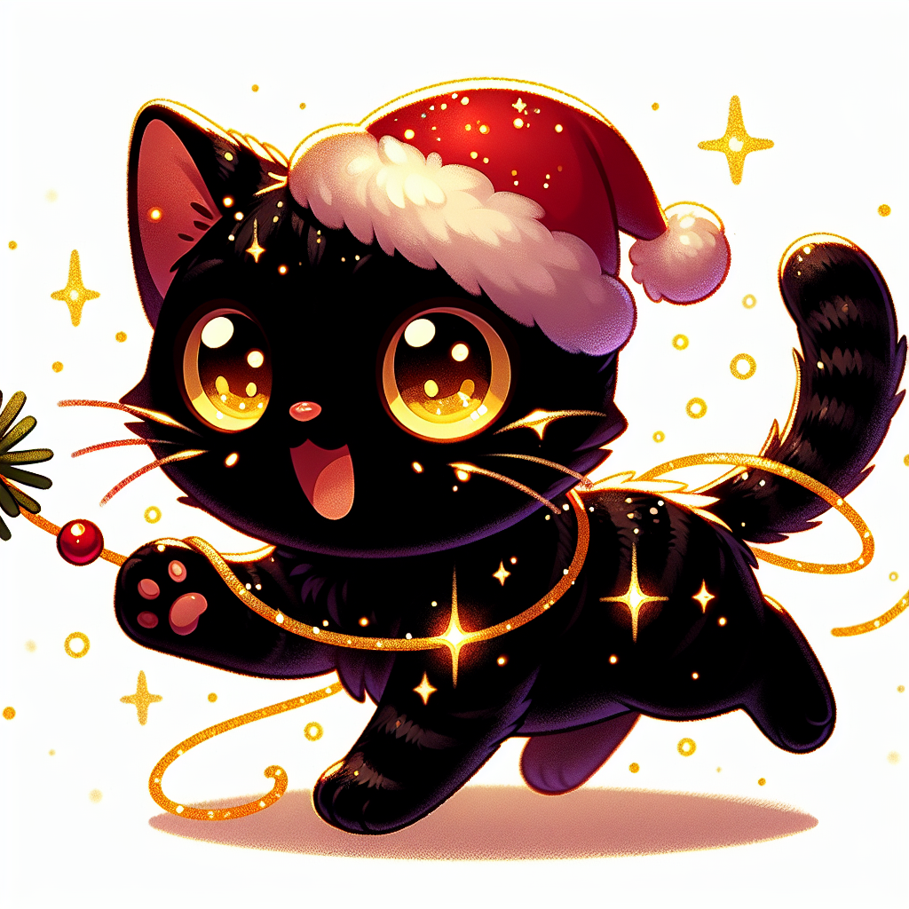In the cozy cartoon Christmas setting, a sleek black kitten with captivating yellow eyes leaps with joy, entangled in a strand of gleaming tinsel. Nearby, a slender tabby cat with a distinctive coat sports a tiny Santa hat perched on its head, the yellow of its eyes reflecting the warm holiday glow emitted from a nearby Christmas tree.
.
Made with ❤️ by AI.