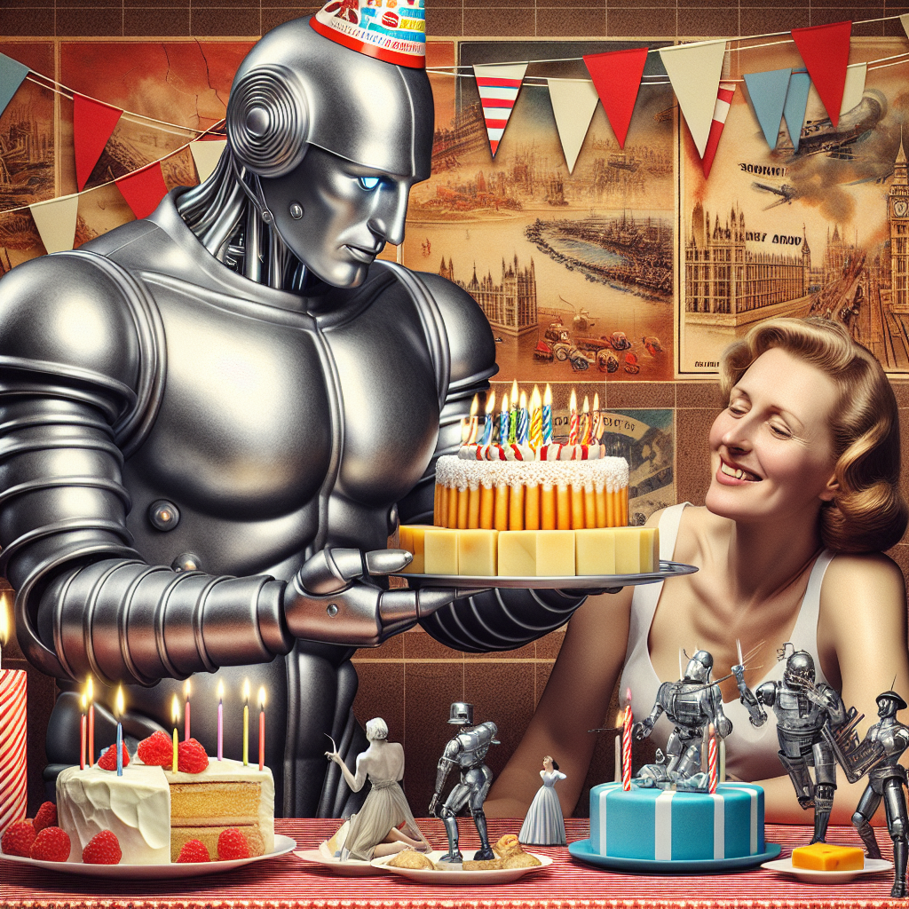 A charming birthday scene unfolds with a silver, muscular automaton adorned with a party hat, delicately extending a plate filled with desirable sweets and luxurious cheese. Beside him, a middle-aged Caucasian woman with a comforting smile engages in the revelry. A vibrant birthday table can be noticed sporting red and white decorations symbolizing an English city and figures inspired by a war-themed board game. In the background, visual representations of dynamic, festive tunes float in the air suggesting the mood created by modern alternative rock music.
Generated with these themes: The terminator, Sherry, Sweets, Cheese, Liverpool, Warhammer, and Bloc Party.
Made with ❤️ by AI.