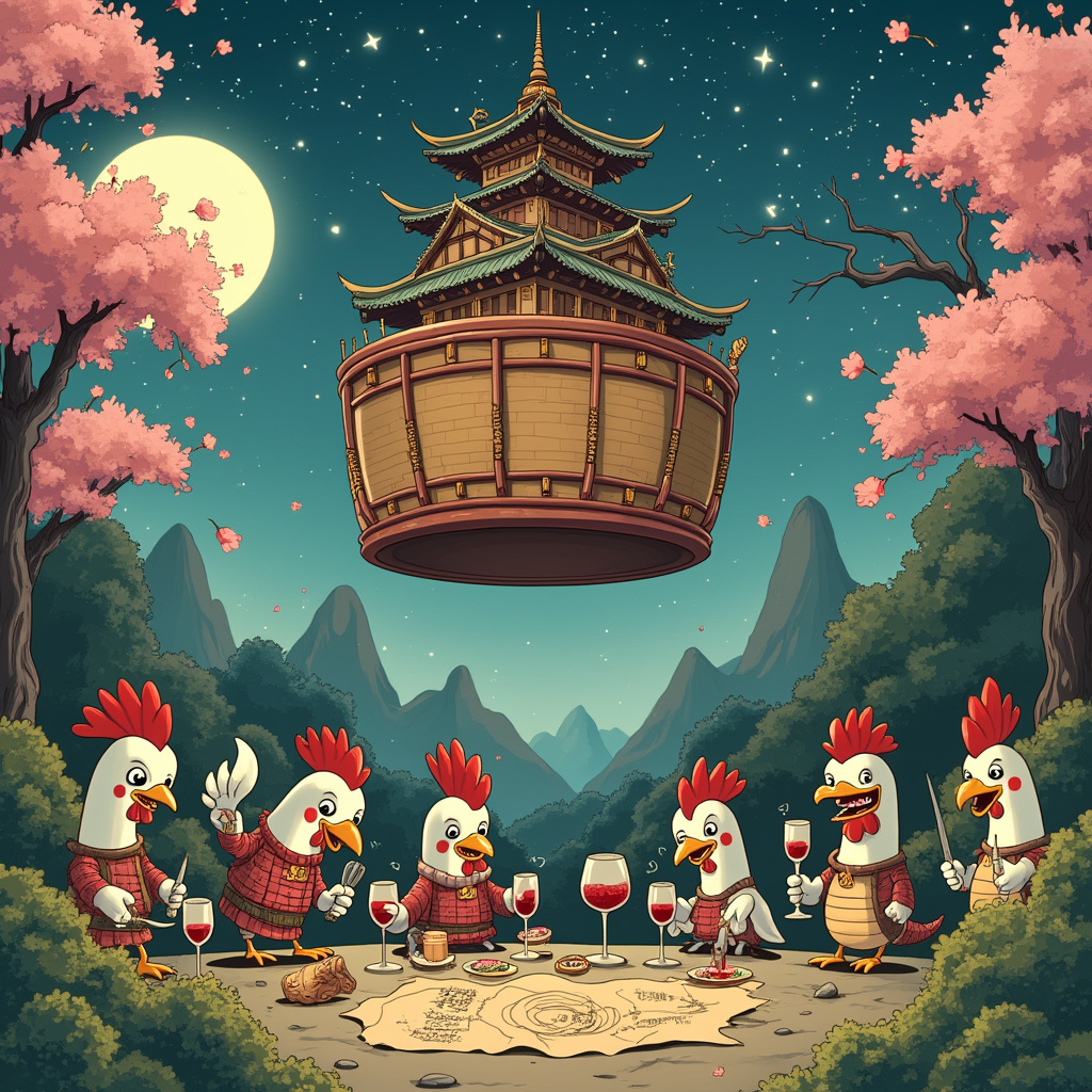 In the center of the scene stands a whimsical, medieval Japanese castle, its pagoda-style roofs adorned with ornate dragon statues and vibrant cherry blossom trees blossoming around it. The castle is set against a moonlit night sky with twinkling stars, reminiscent of Winsor McCay’s dreamlike backdrops in "Little Nemo in Slumberland." 

To the left of the castle, there's an exuberant flock of cartoonish chickens dressed as samurai warriors, wielding miniature katanas and wearing traditional Japanese armor. Their feathers are ruffled, and their expressions are comically serious as if preparing for an epic battle. One of the chickens, slightly larger and more distinguished with a topknot and monocle, holds a treasure map with dungeon-like corridors sketched on it, a nod to classic Dungeons and Dragons gameplay.

On the right, a group of mischievous, chibi-style dragons are gathered around a makeshift wine table. The dragons are pint-sized, with exaggerated features and playful grins, reminiscent of Bill Watterson’s Calvin and Hobbes. They are pouring and clinking oversized wine glasses, filled with a crimson liquid that sparkles mysteriously under the moonlight. Among the dragons, there's a particularly peculiar one with a wine bottle-shaped body and corkscrew tail.

In the background, lurking in the shadows near the castle’s entrance, are eerie but comical ghostly figures, inspired by Gary Larson’s "The Far Side." They have elongated, translucent forms and mischievous eyes peering out from under hoods, adding a touch of horror without being too frightening. 

Above the scene, a gigantic birthday cake shaped like a traditional Japanese drum (taiko) floats in mid-air, defying gravity. It's decorated with intricate patterns and has several layers, each layer featuring small fantasy creatures like fairies, goblins, and enchanted sushi rolls, playfully inspired by Osamu Tezuka’s manga. The candles on top of the cake are lit and casting a warm, inviting glow over the entire scene.

The ground is a patchwork of cobblestone pathways and lush green grass, dotted with lanterns on tall poles that emit a soft, magical light. Scattered around are tiny scrolls and potions, hinting at a recent dungeon quest.

The whole scene is surrounded by a border that mimics the style of vintage Japanese woodblock prints, adding an extra layer of authenticity and artistic flair, while keeping the overall feel quirky and fun, much like something R. Crumb or Art Spiegelman would have envisioned in their unique artistic storytelling.
Generated with these themes: Chickens, Japan, Dungeons and dragons  , Horror, and Wine.
Made with ❤️ by AI.