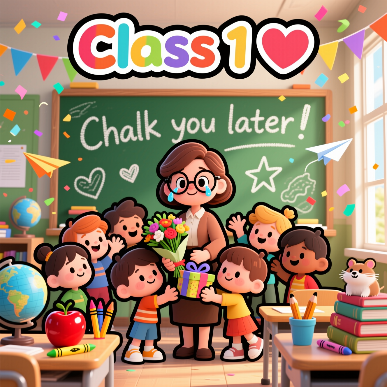 At the top of the Cartoon Style image, Class 1 ❤️
A cute farewell classroom scene: a warm teacher at center with big round glasses and a gentle teary sparkle, surrounded by diverse chibi students (exaggerated proportions: oversized heads, tiny bodies) waving, hugging, and handing over a bouquet and a handmade gift. Behind them, a big green chalkboard with a single cheeky line in chunky white chalk: "Chalk you later!", plus heart and star doodles, no other words. Sunlight streams through tall windows; colorful bunting, confetti, and swirling paper planes add motion; a globe, shiny red apple, crayons, and stacked books frame cozy desks; a tiny class pet hamster peeks from a pencil cup. Thick black outlines, bright saturated colors, whimsical, energetic poses, playful expressions, soft shading with subtle chalk-dust texture. Portrait orientation, large image filling the frame; render the top title in joyful rainbow bubble letters with a crisp white outline; cute, uplifting mood.
Generated with these themes: Classroom and teacher , and .
Made with ❤️ by AI.