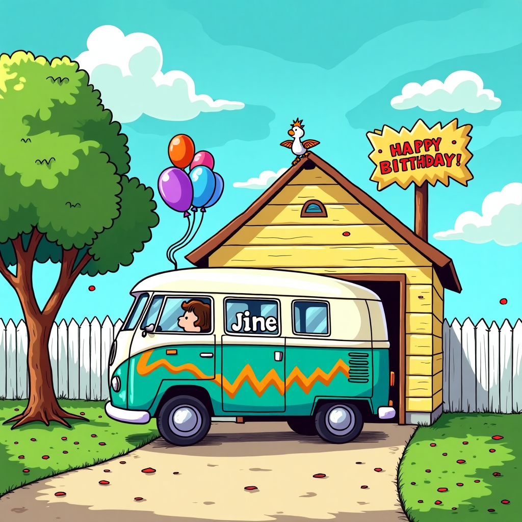 Picture a vibrant cartoon scene bursting with vivid colors, inspired by the playful and exaggerated styles of classic comic artists. 

At the center of the scene, a bright, oversized campervan, adorned with retro patterns of teal and orange zigzags, is hilariously lodged halfway into a tiny garage that’s visibly too small for it. The garage is painted a cheerful pastel yellow with a white picket fence, giving it an overly quaint appearance. 

The campervan's wheels are humorously angled in the air, and its rear end sticks out dramatically, blocking the driveway. Above the garage, a cartoonishly large sign reads "Happy Birthday!" in a dynamic, bubbly font, reminiscent of the speech bubbles in Peanuts or Calvin and Hobbes.

To the left, a trio of vibrant balloons in shades of purple, pink, and blue are tied to the campervan's side mirror, bouncing gently in the imaginary breeze. A vivid green tree stands nearby, with one branch humorously bent under the weight of the word "Jane" hanging like a personalized banner from the branch.

The foreground is sprinkled with festive confetti, adding a celebratory flair, while the background features a sky painted in bold swirls of azure blue and fluffy, exaggerated white clouds. A small bird perched on the campervan’s roof, looking puzzled, is a nod to Schulz's iconic style.

The scene is designed to be playful and lively, packed with fun details and vibrant colors, ensuring it captures the eye and the imagination, much like the beloved comic strips and graphic novels of the past.
Generated with these themes: Trying to fit a campervan into a garage.
Made with ❤️ by AI.
