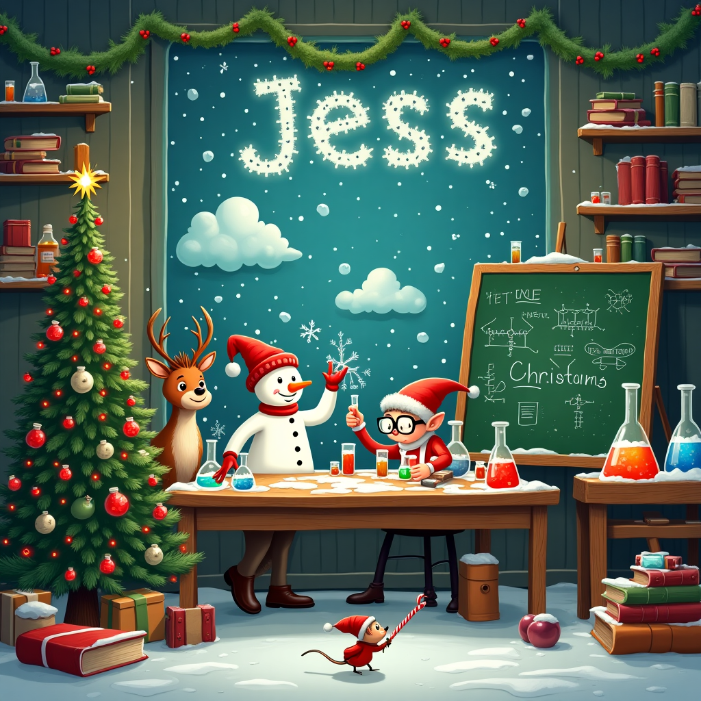The front cover of the Christmas greetings card is set in a whimsical laboratory that seamlessly blends festive cheer with scientific exploration. Picture a cozy, rustic lab reminiscent of Santa's workshop, with shelves lined with bubbling beakers and test tubes filled with red and green liquids. On a wooden workbench at the center of the scene, a cheerful snowman in a white lab coat and goggles is meticulously decorating a Christmas tree with glowing LED ornaments that resemble molecular models. To his left, a reindeer with safety glasses peers through a microscope at a petri dish, while a mischievous elf in a Santa hat scribbles equations on a chalkboard filled with snowflake diagrams.

In the background, through a frosted window, snow gently falls, with each flake uniquely shaped like miniature Christmas trees. Above the bustling lab, the name "Jess" is cleverly spelled out in the clouds, formed by the steam wafting from a series of bubbling, potion-filled flasks. The walls are adorned with festive garlands of holly and mistletoe, and a shelf is crowded with stacks of books, including a large, open volume titled "The Science of Christmas Cheer." A small, curious mouse wearing a tiny Santa hat scampers across the floor, dragging a candy cane twice its size. The scene captures a magical blend of holiday spirit and scientific wonder, inviting Jess into a world where Christmas and curiosity collide in joyful harmony.
Generated with these themes: Lab.
Made with ❤️ by AI.